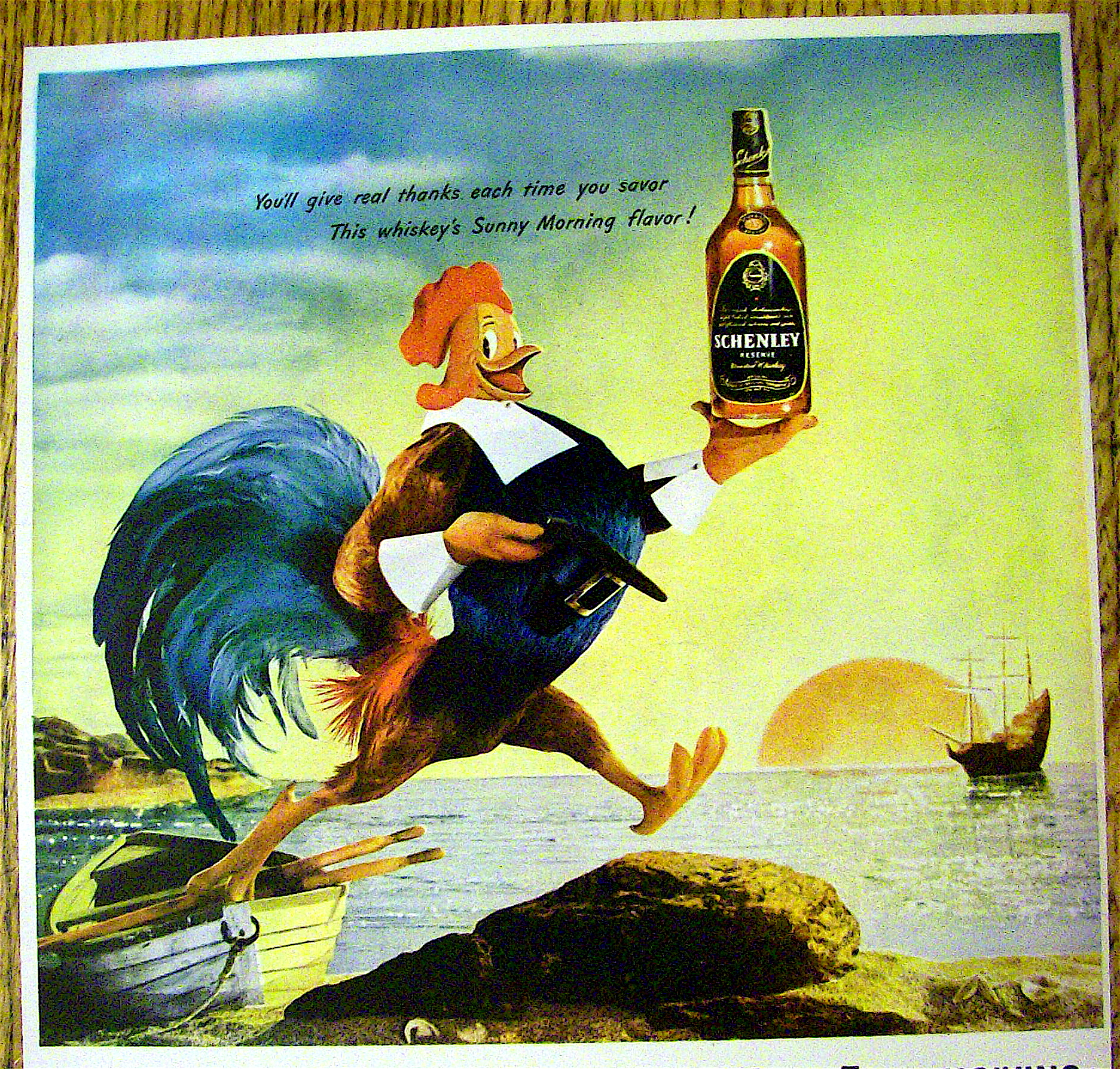 1946 Schenley Whiskey with Rooster Holding Bottle