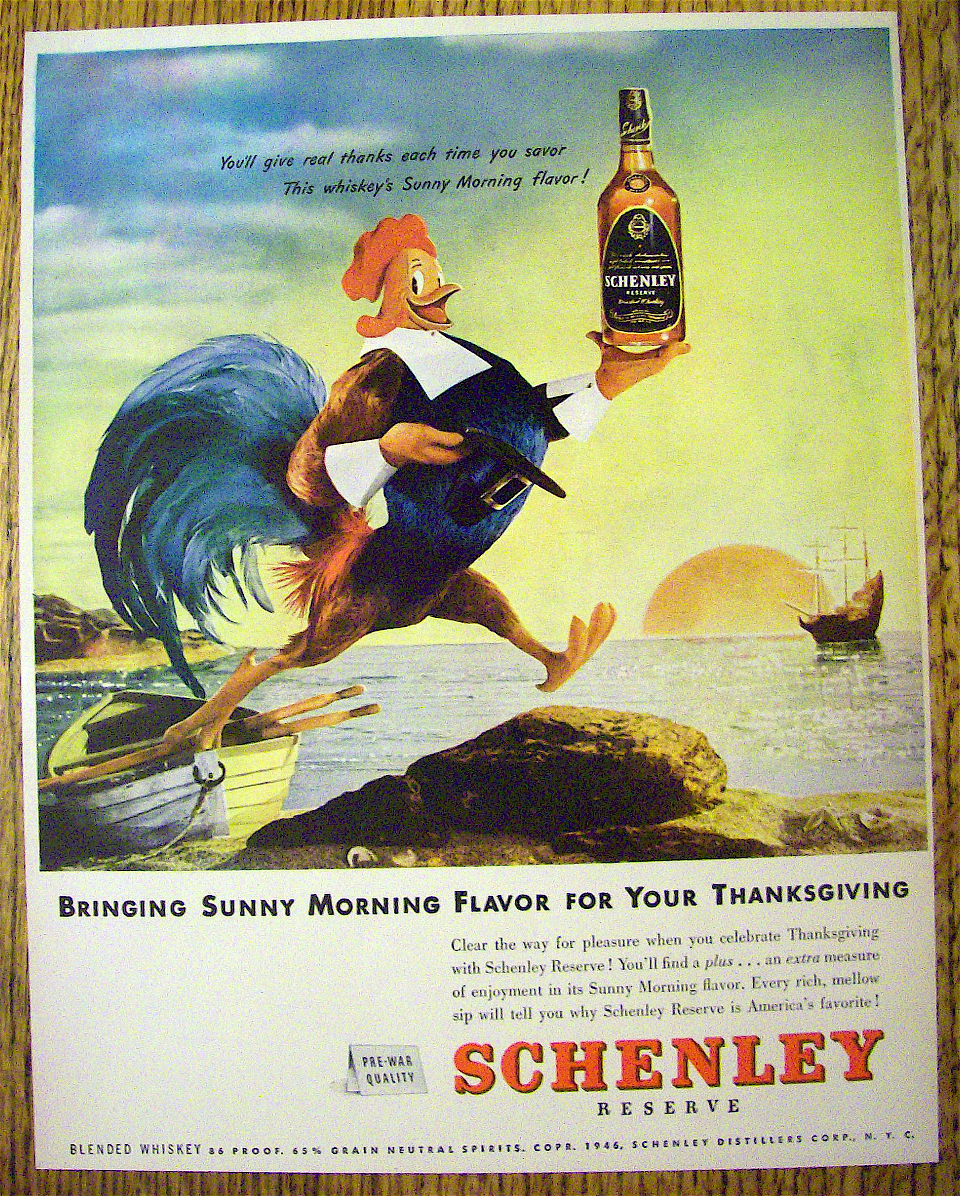 1946 Schenley Whiskey with Rooster Holding Bottle