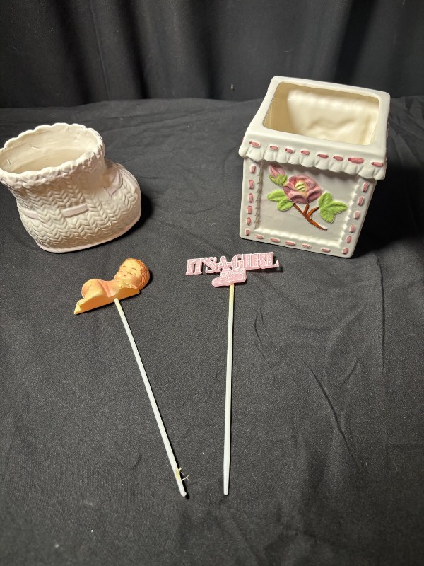 Vintage Ceramic Baby Shower Decor Set: Baby Shoe Planter, Block Planter, and 'It's a Girl' Toppers