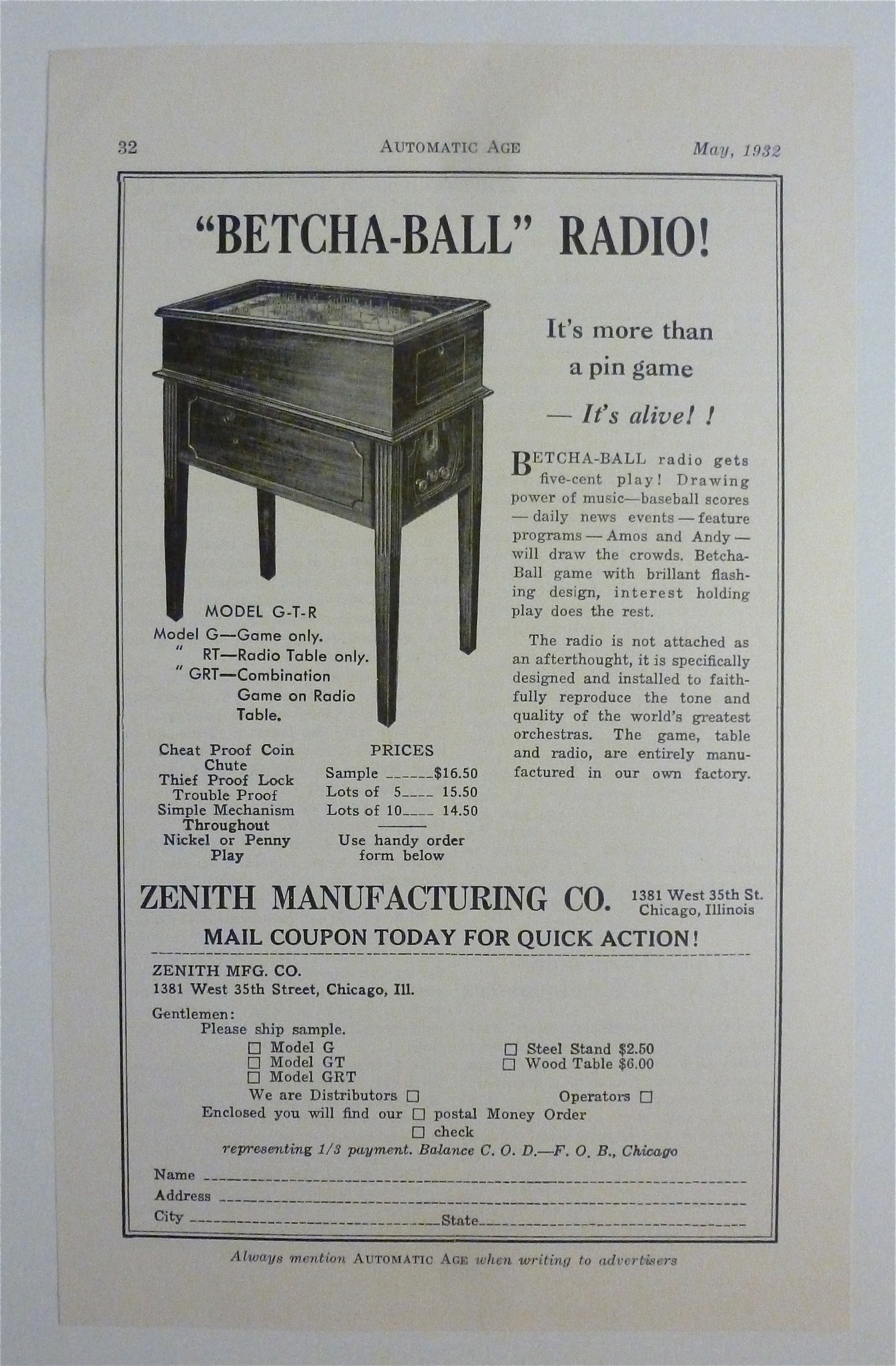 1932 Zenith Manufacturing Co with Betcha Ball Radio
