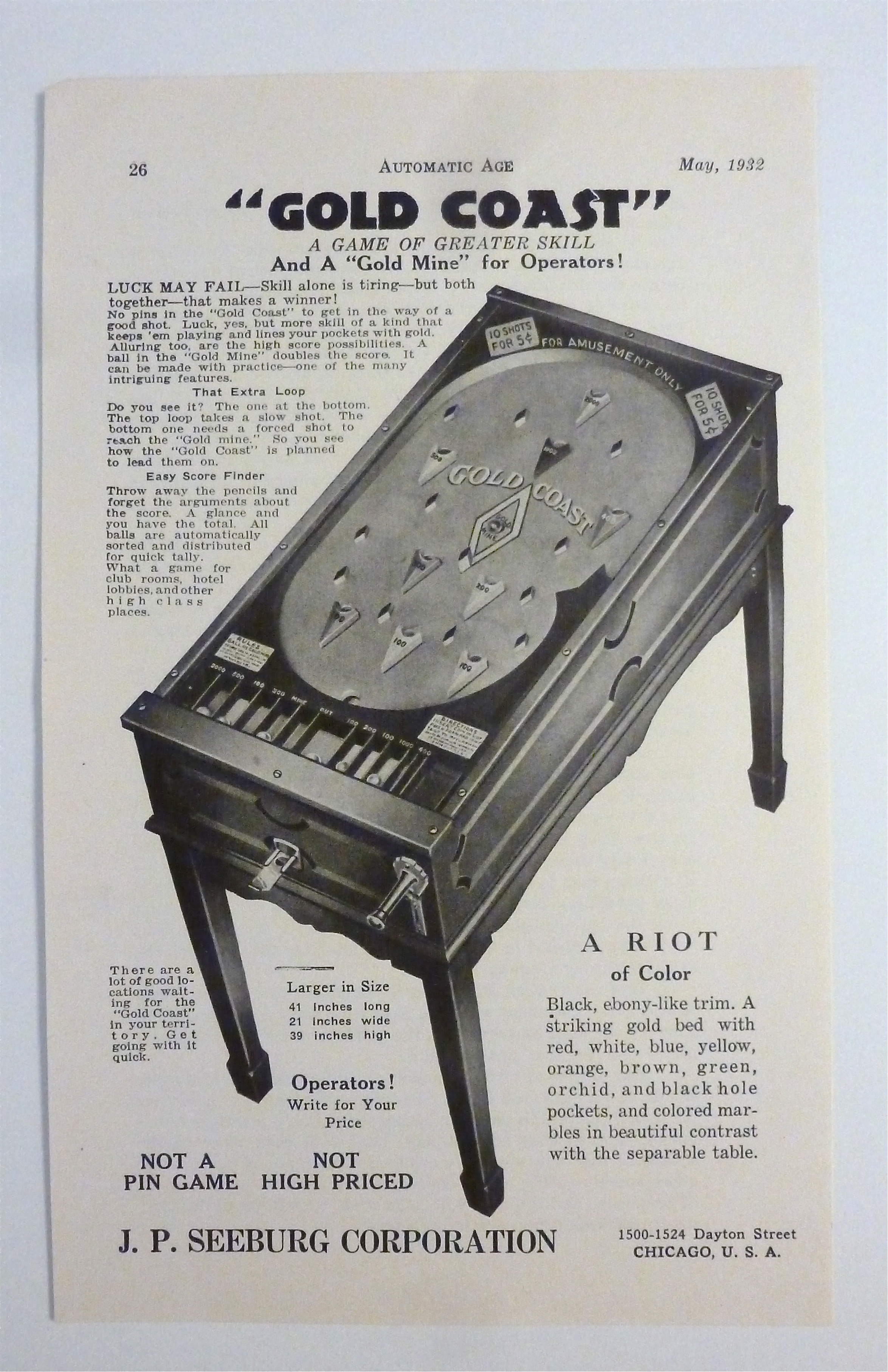 1932 J. P. Seeburg Corporation with Gold Coast Game