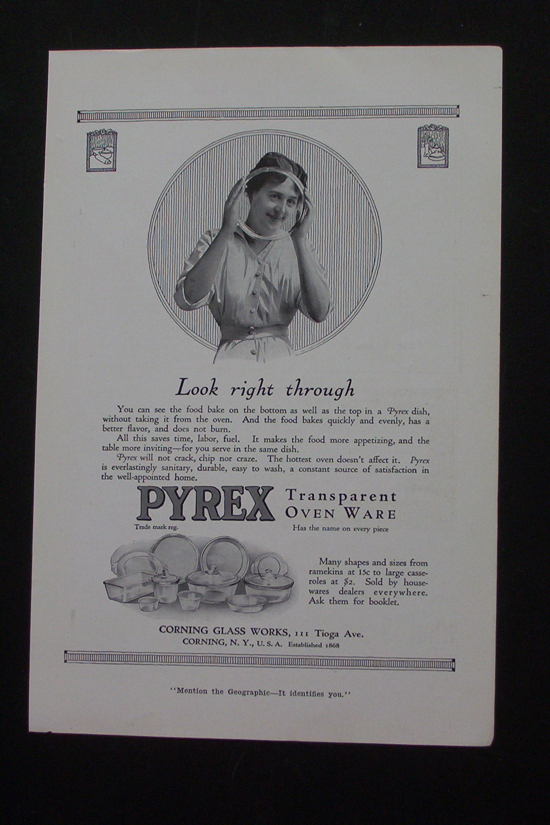 1916 Pyrex Transparent Oven Ware w/ Woman Holding Dish