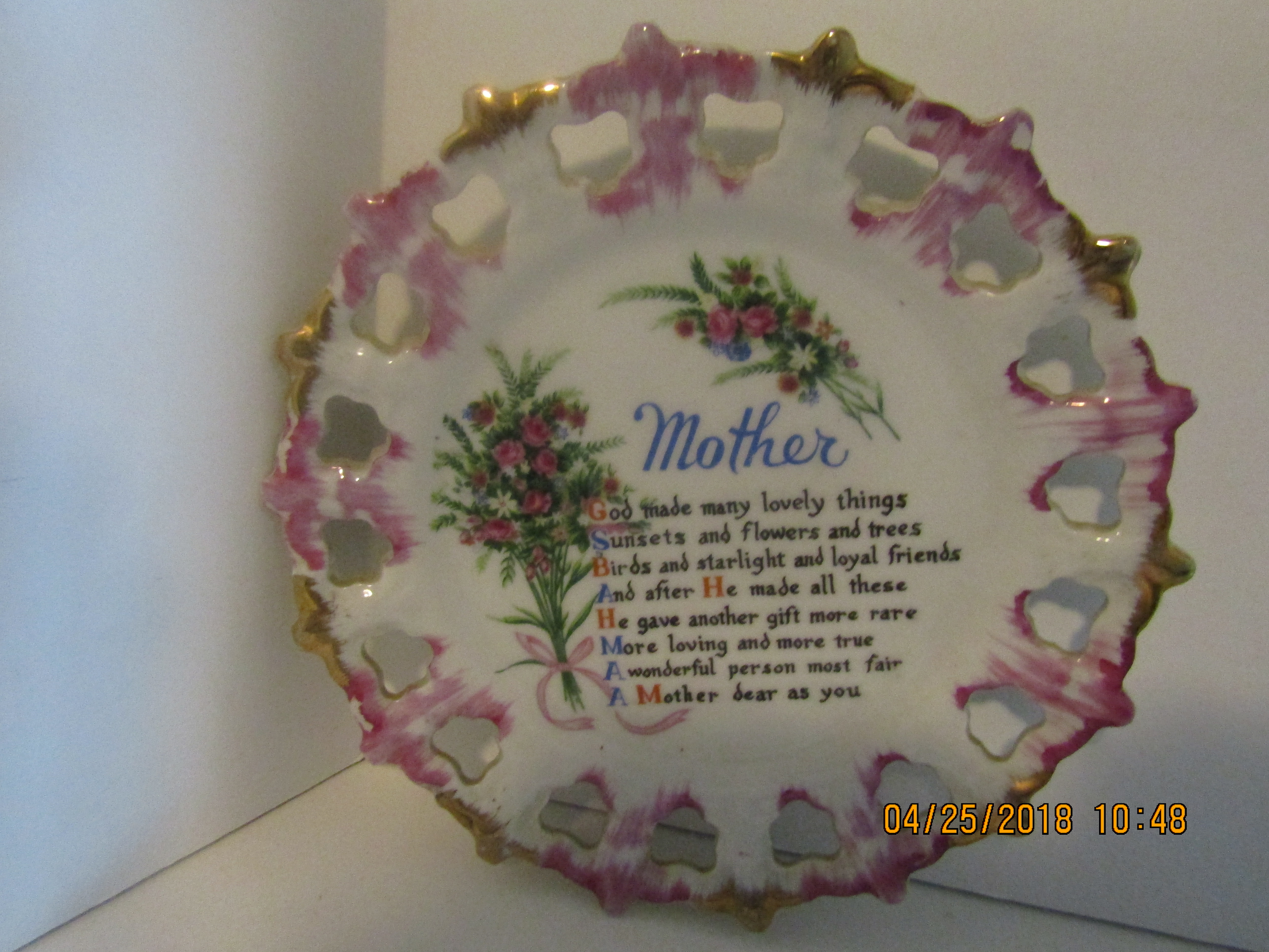 Vintage Pink Floral Mothers Poem Plate