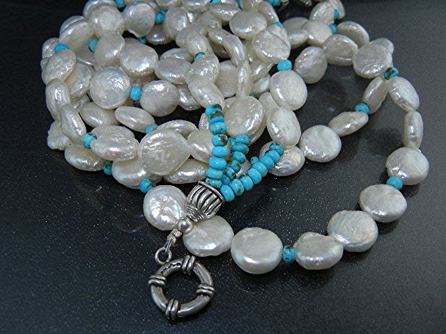 Native American Sterling Silver Turquoise Coin Pearls
