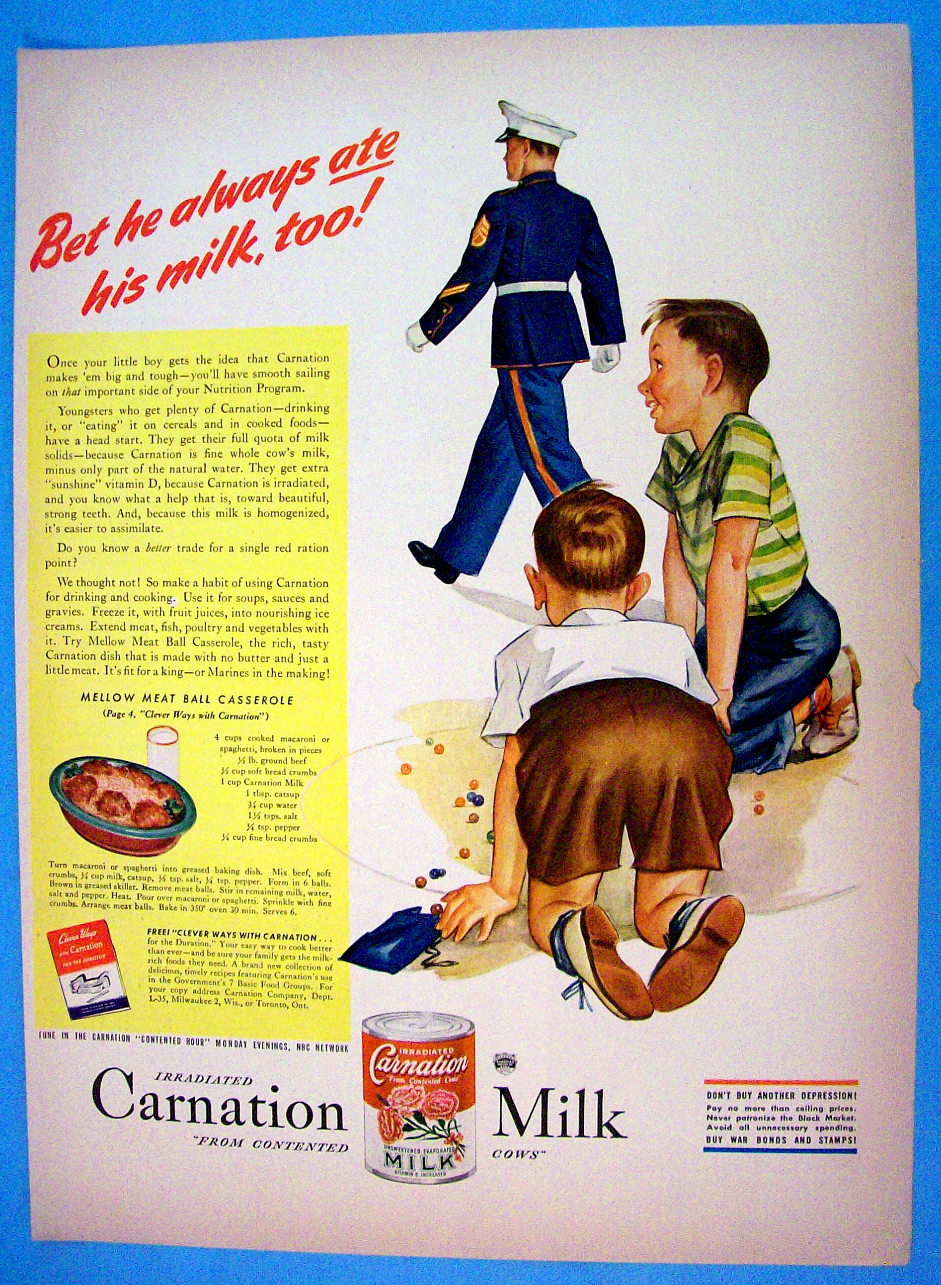 1944 Carnation Milk with Two Boys Watching Soldier