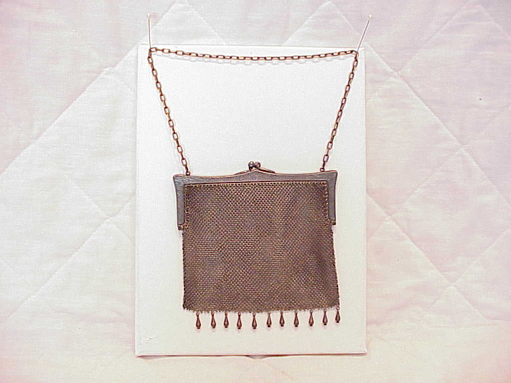 Antique Vintage German Silver Mesh Purse Handbag With Dangles Etching