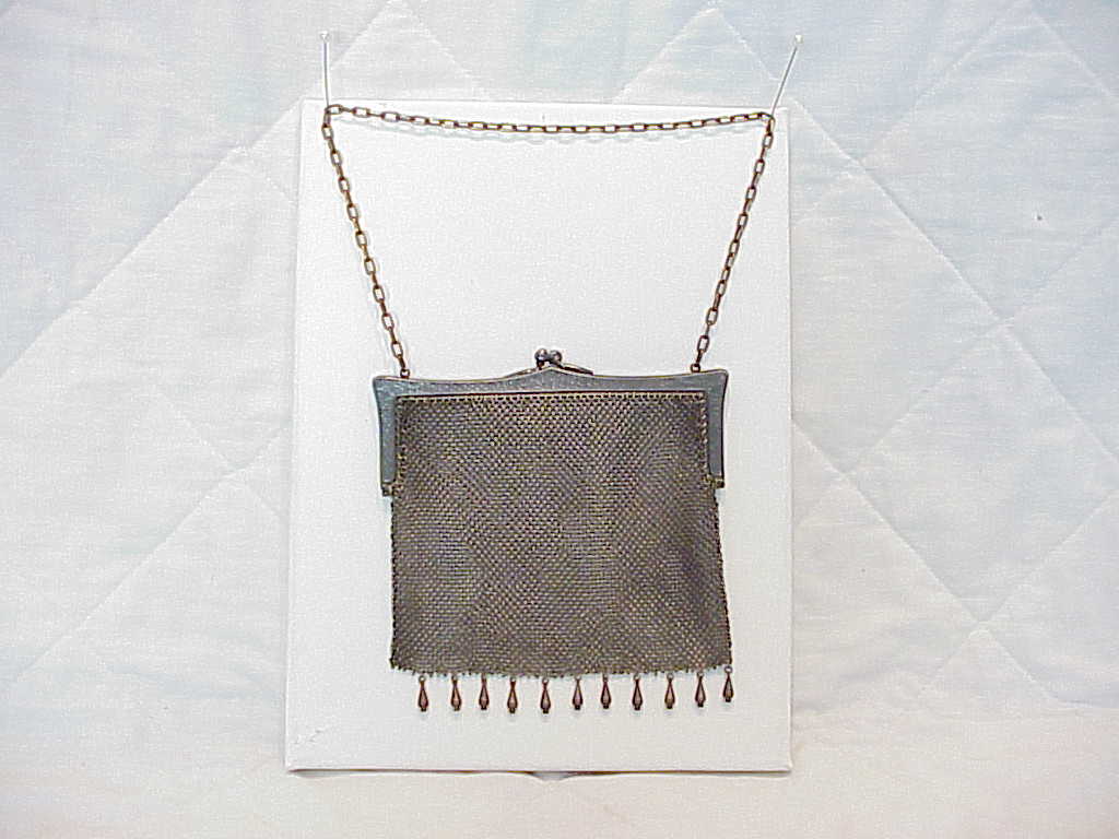 Antique Vintage German Silver Mesh Purse Handbag With Dangles Etching