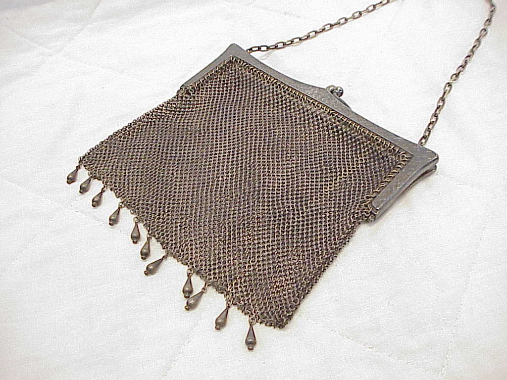 Antique Vintage German Silver Mesh Purse Handbag With Dangles Etching
