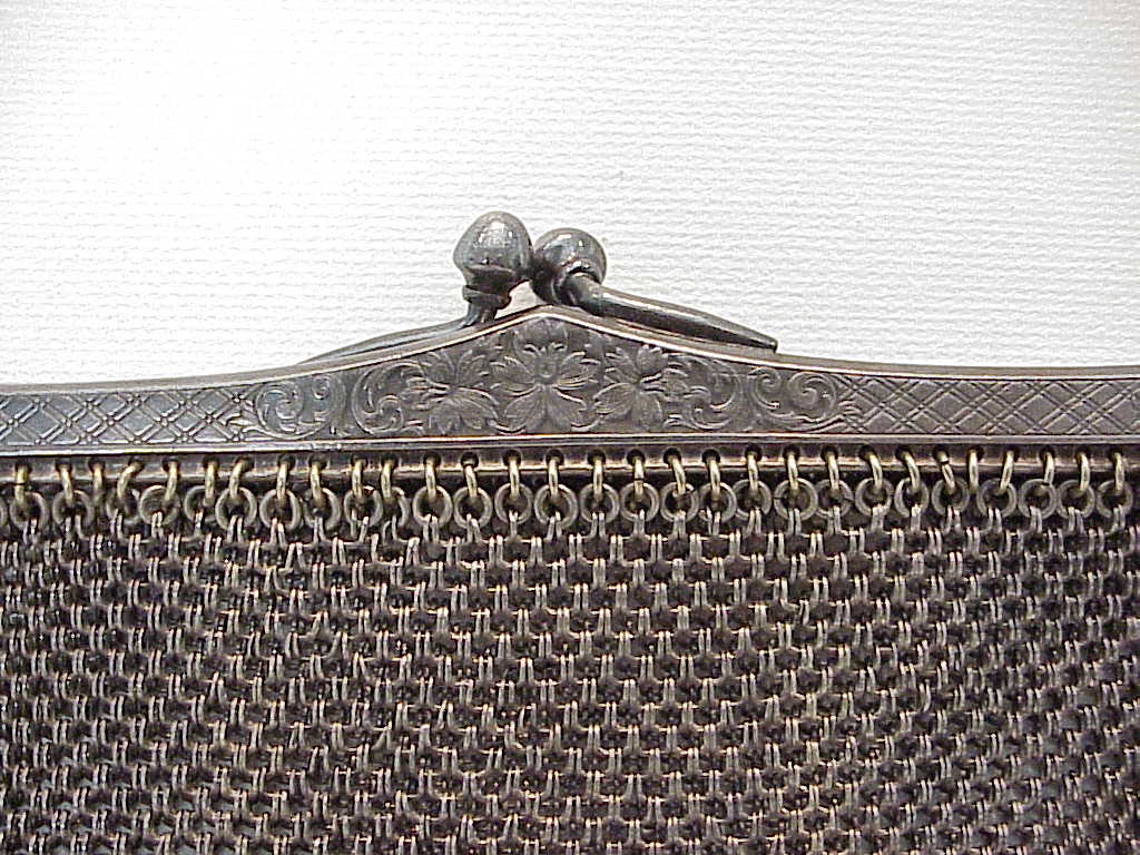 Antique Vintage German Silver Mesh Purse Handbag With Dangles Etching