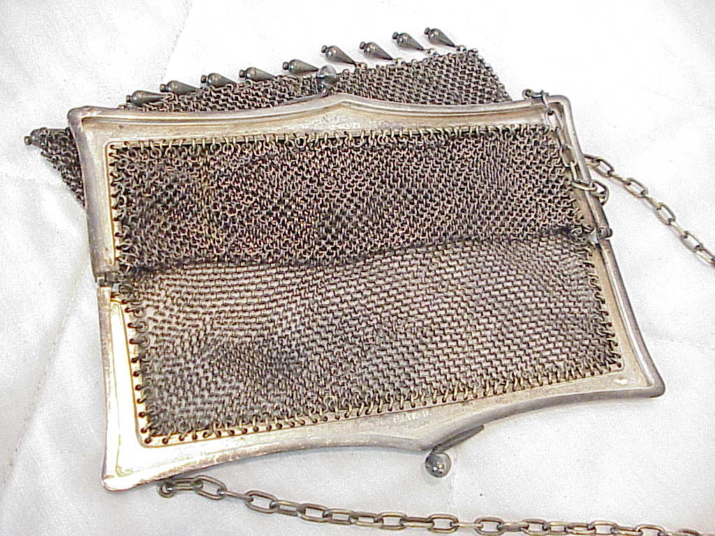 Antique Vintage German Silver Mesh Purse Handbag With Dangles Etching