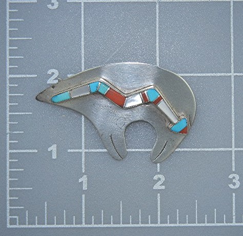 D. Clark Turquoise Coral Sterling Silver Bear Brooch