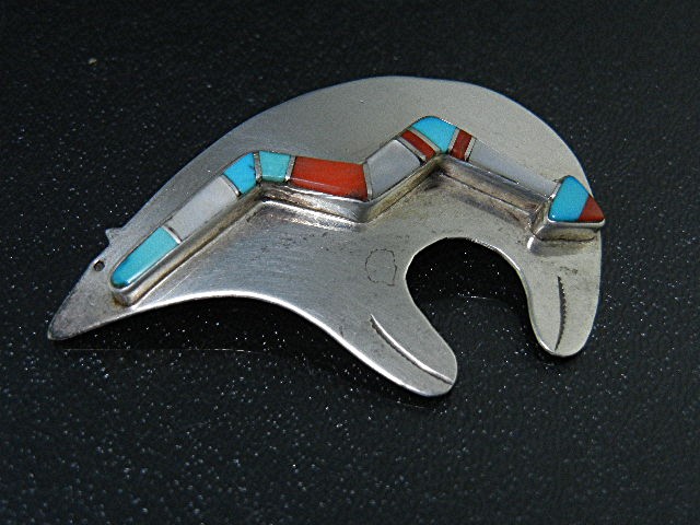 D. Clark Turquoise Coral Sterling Silver Bear Brooch