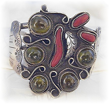 Navajo Sterling Silver Coral Peridot Cuff A & M Burnsid
