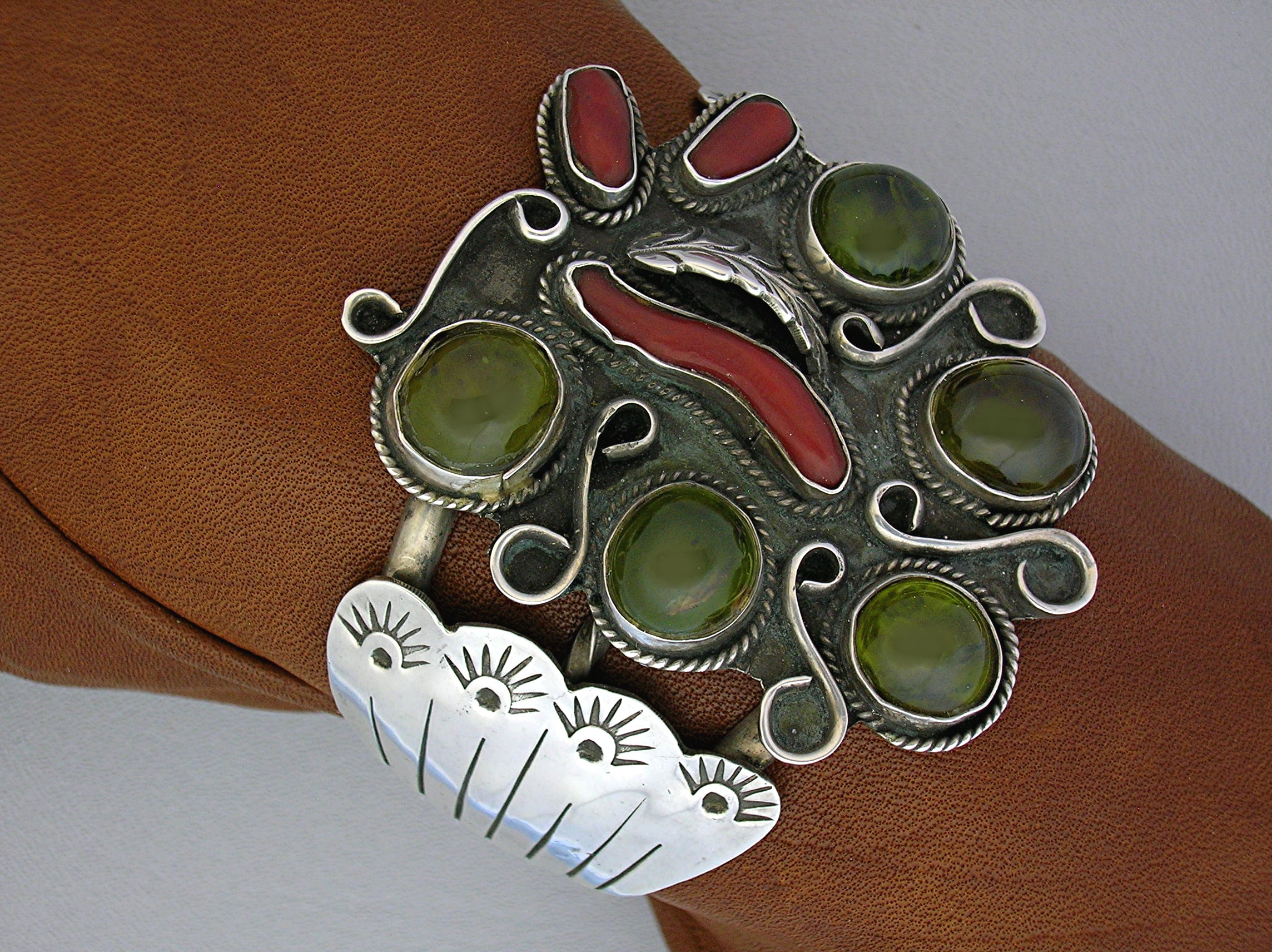 Navajo Sterling Silver Coral Peridot Cuff A & M Burnsid