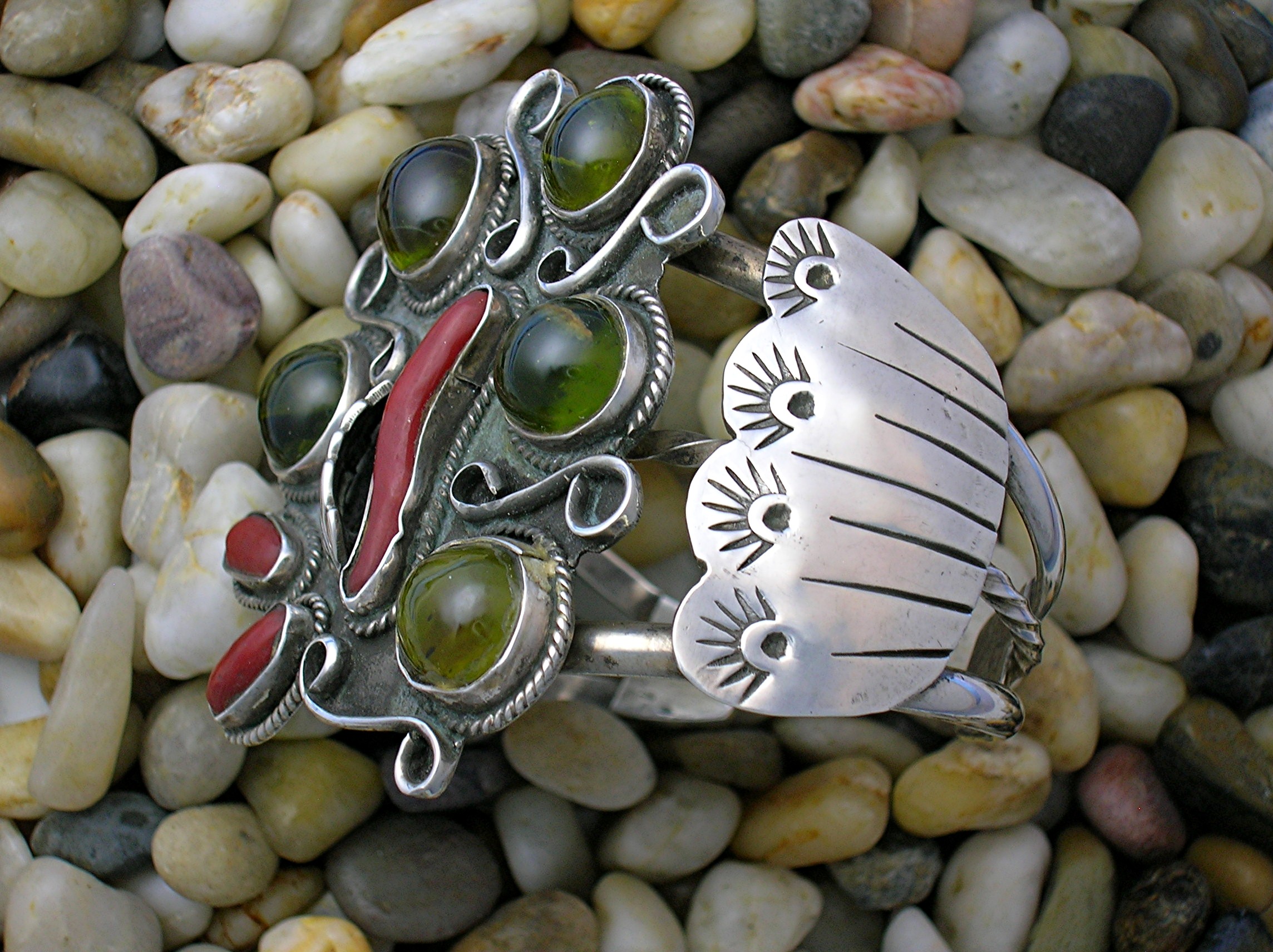 Navajo Sterling Silver Coral Peridot Cuff A & M Burnsid