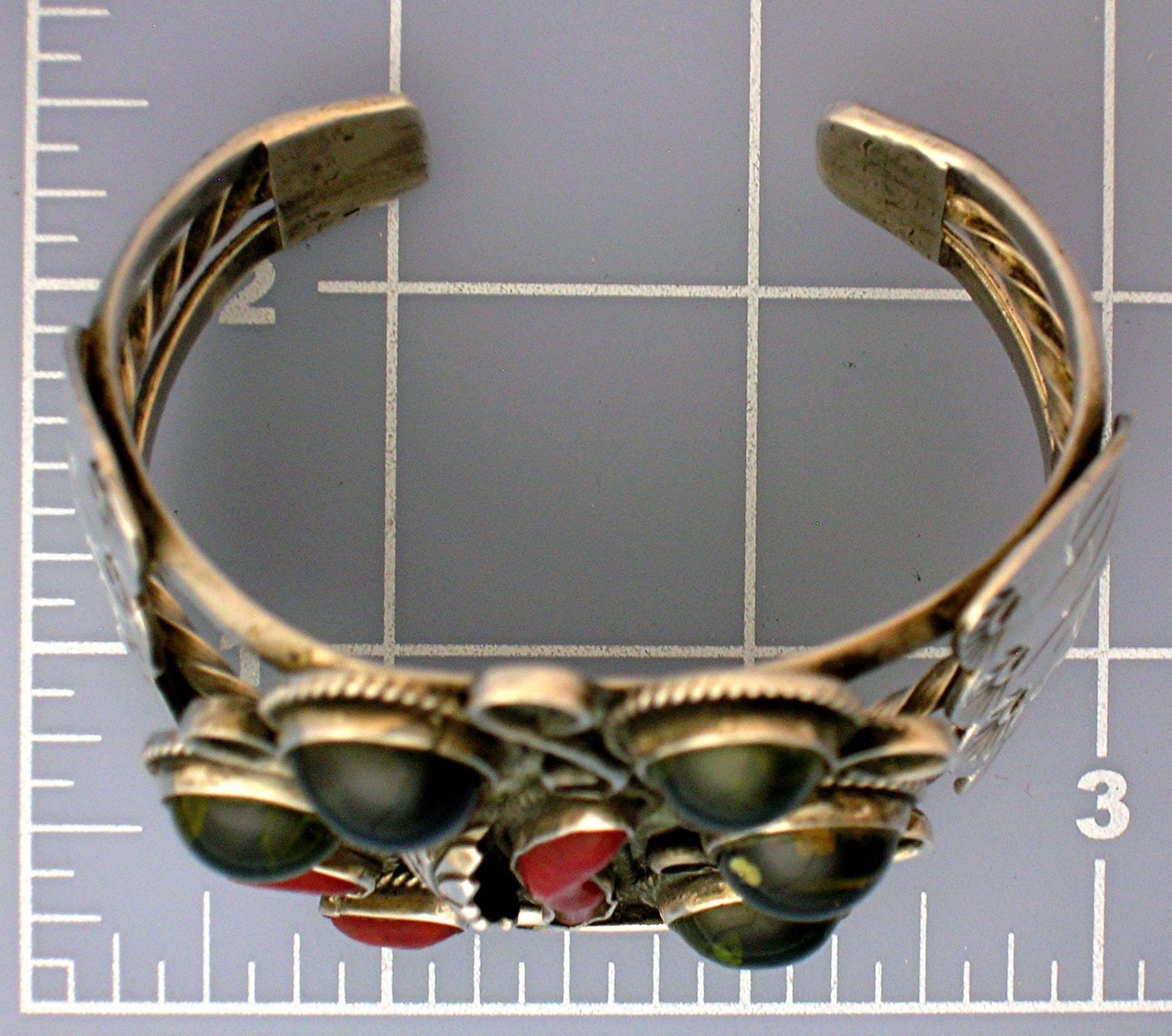 Navajo Sterling Silver Coral Peridot Cuff A & M Burnsid