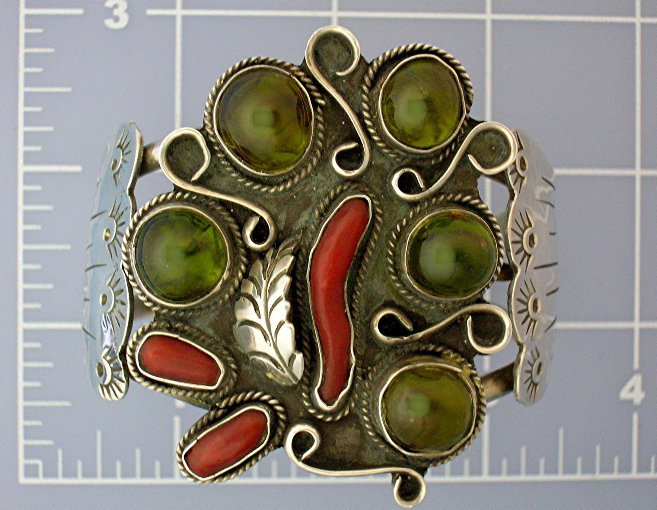 Navajo Sterling Silver Coral Peridot Cuff A & M Burnsid