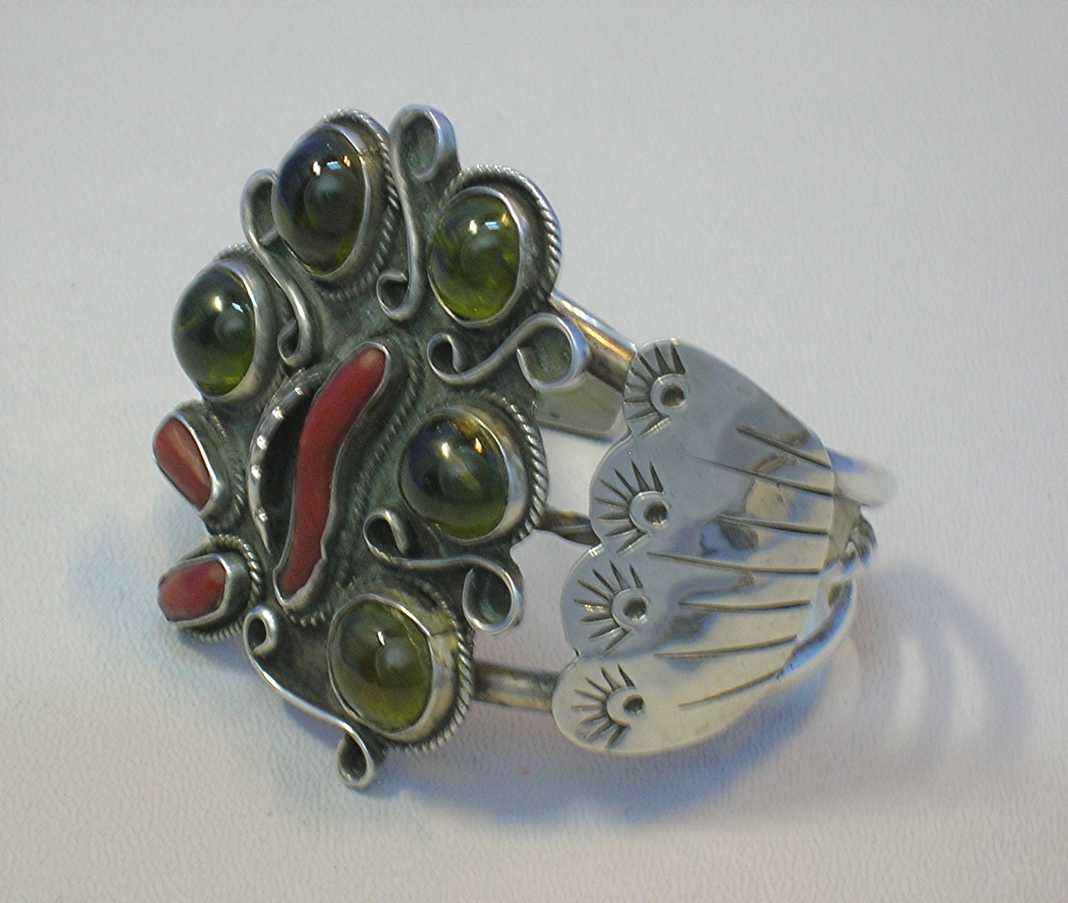 Navajo Sterling Silver Coral Peridot Cuff A & M Burnsid
