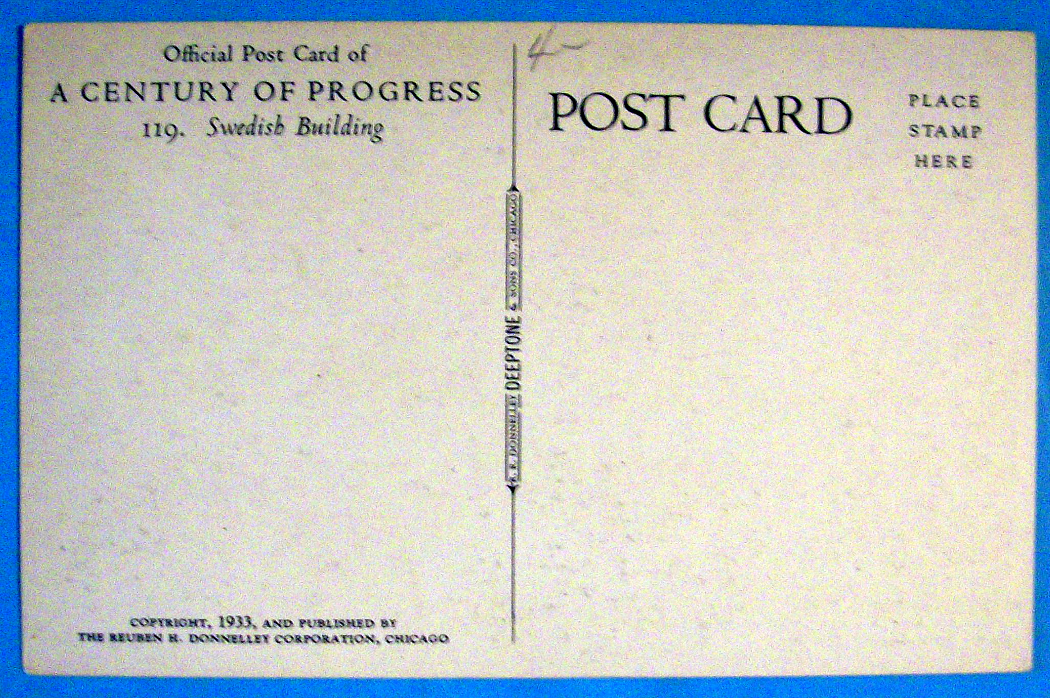 Swedish Building Postcard (1933 Century Of Progress)
