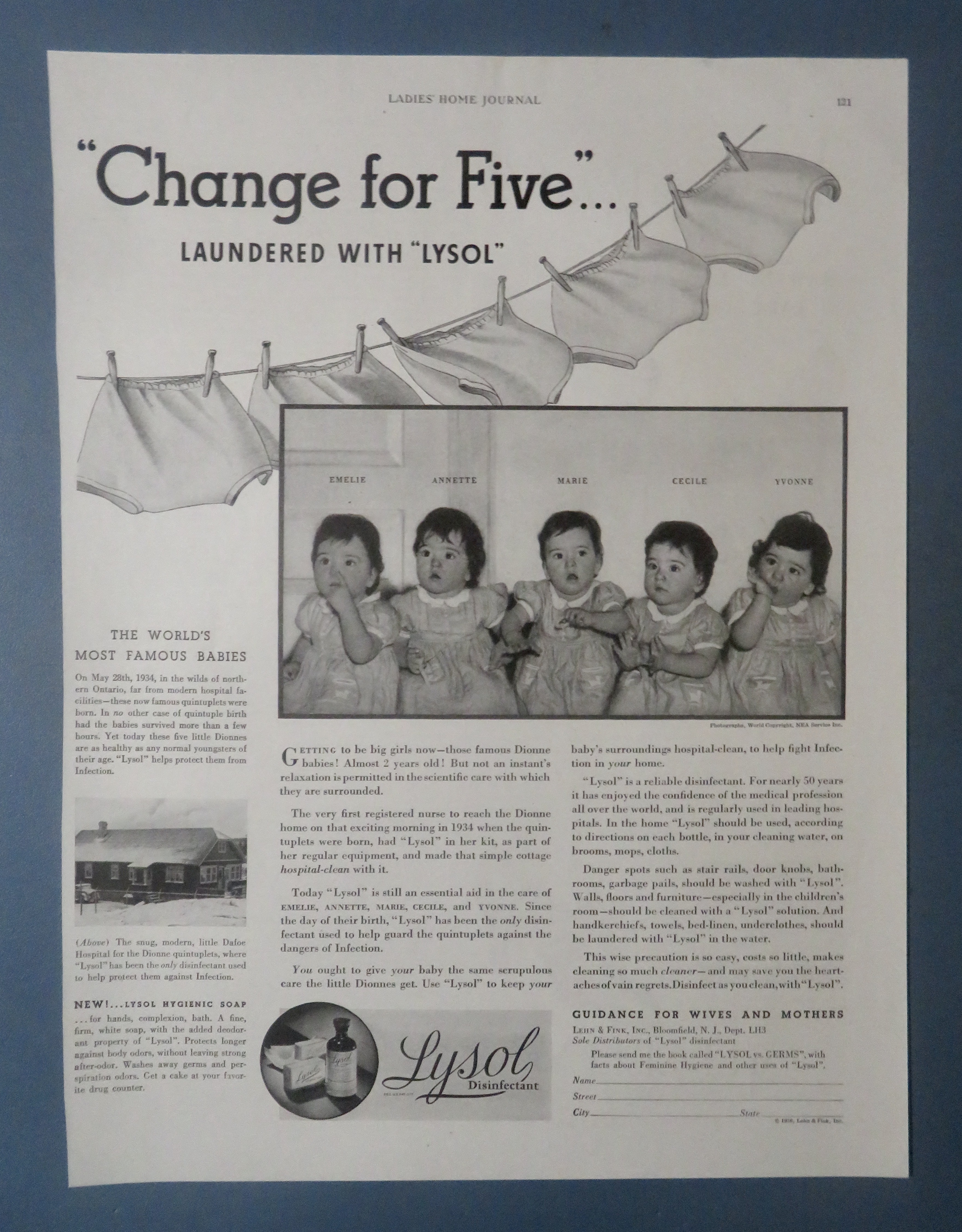 1936 Lysol Disinfectant with Dionne Quintuplet Babies