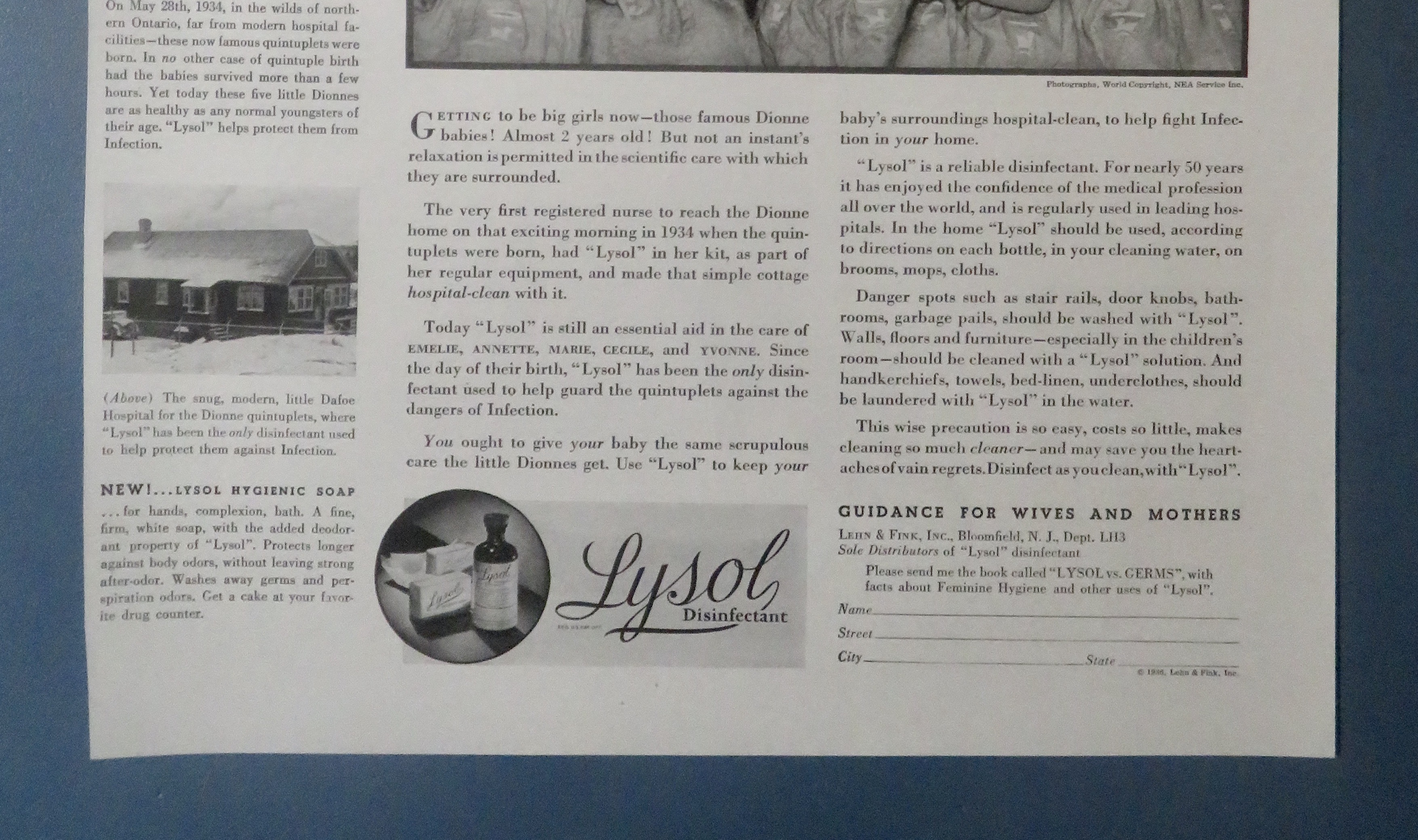 1936 Lysol Disinfectant with Dionne Quintuplet Babies