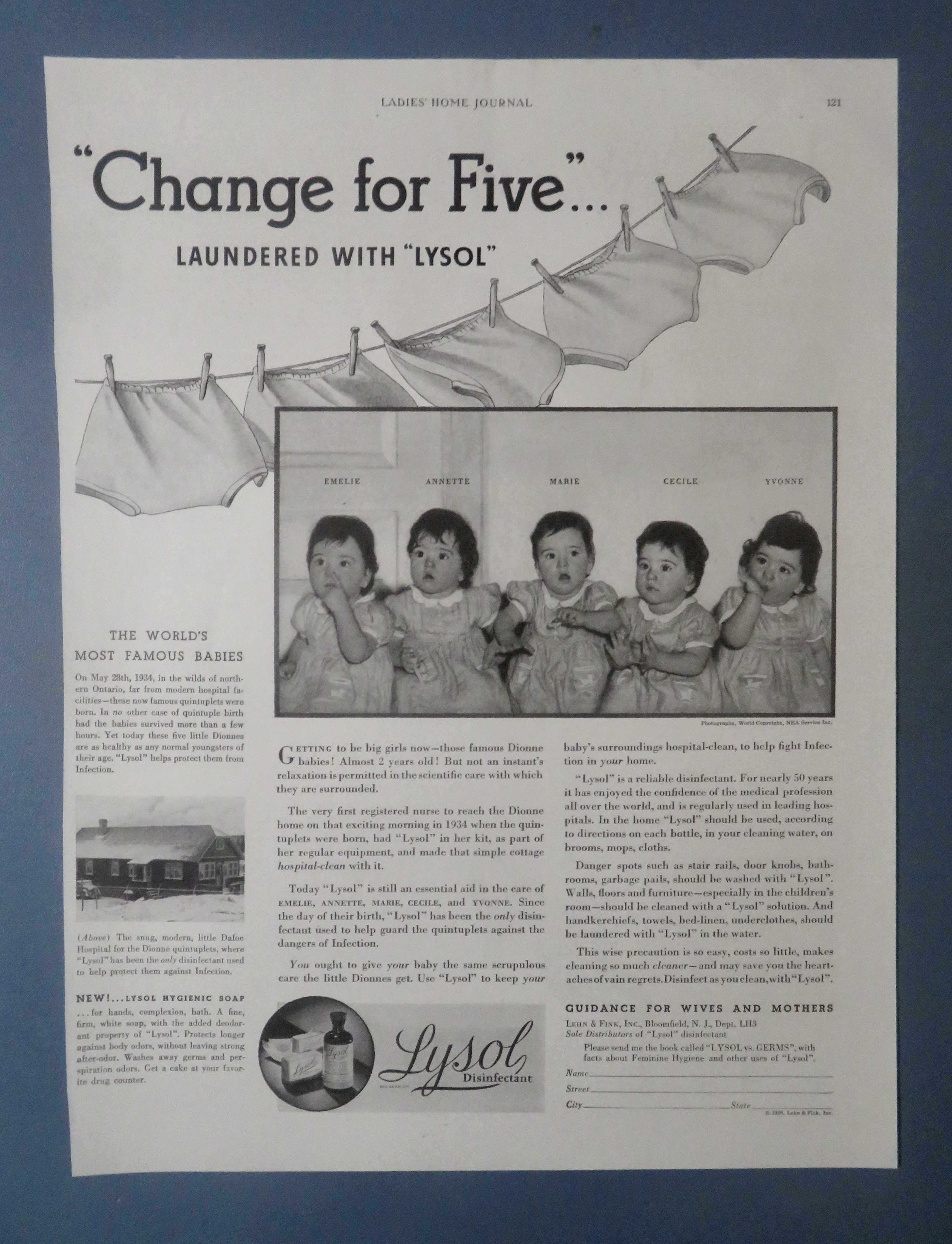 1936 Lysol Disinfectant with Dionne Quintuplet Babies