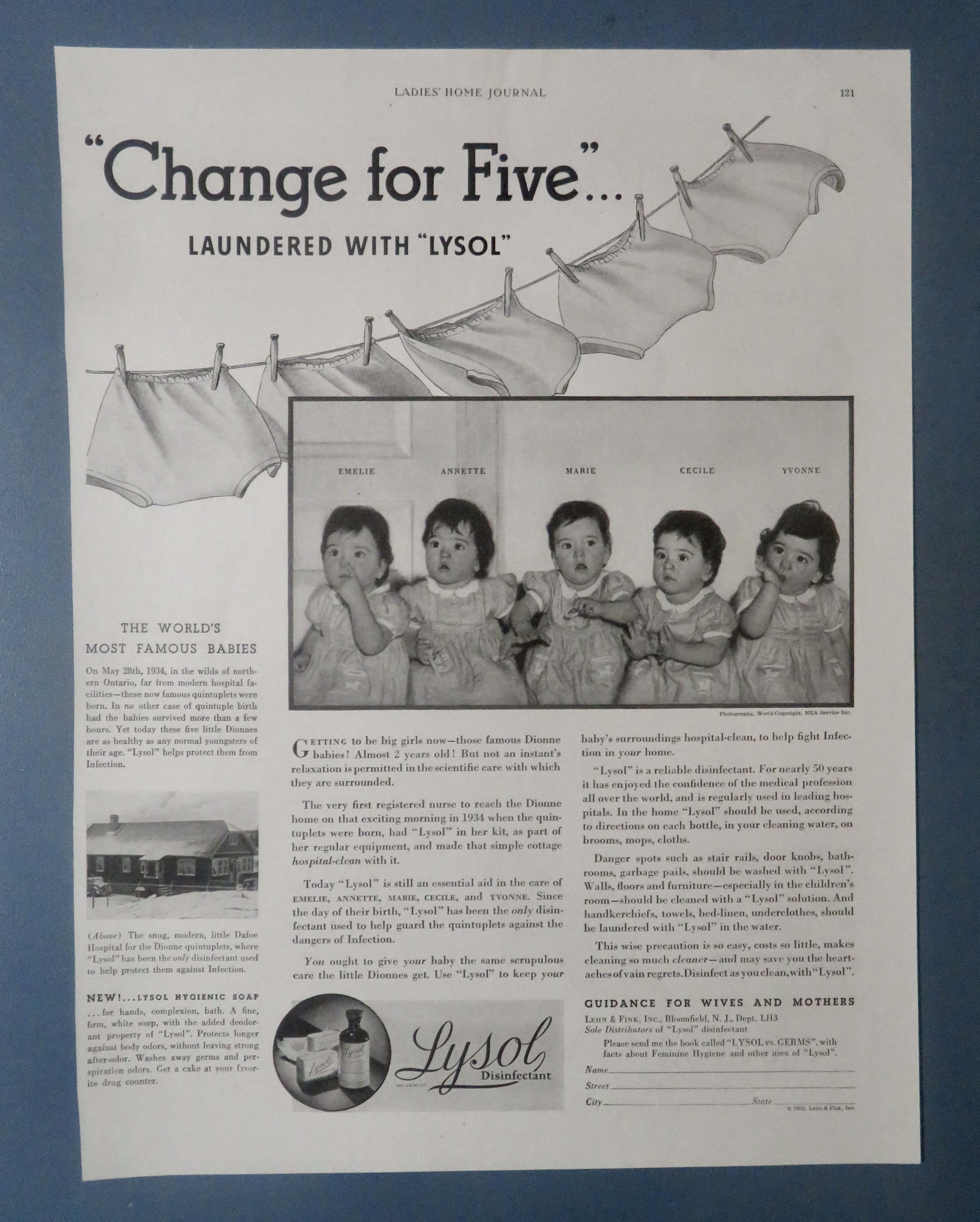 1936 Lysol Disinfectant with Dionne Quintuplet Babies