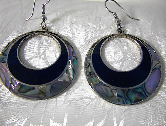 Black Onyx & Abalone Dangly Hoop Pierced Earrings
