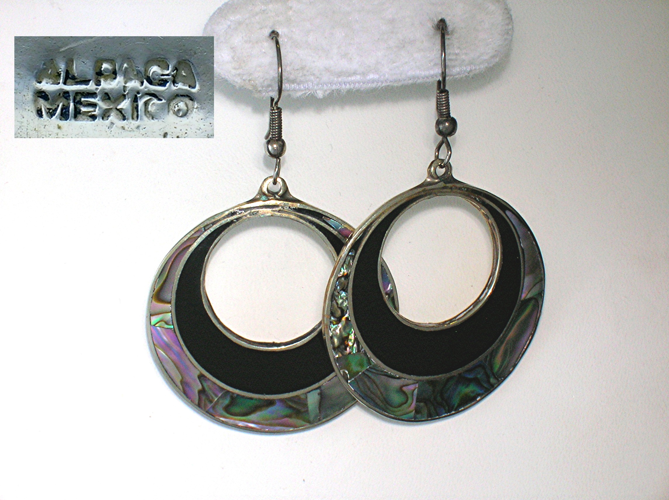 Black Onyx & Abalone Dangly Hoop Pierced Earrings