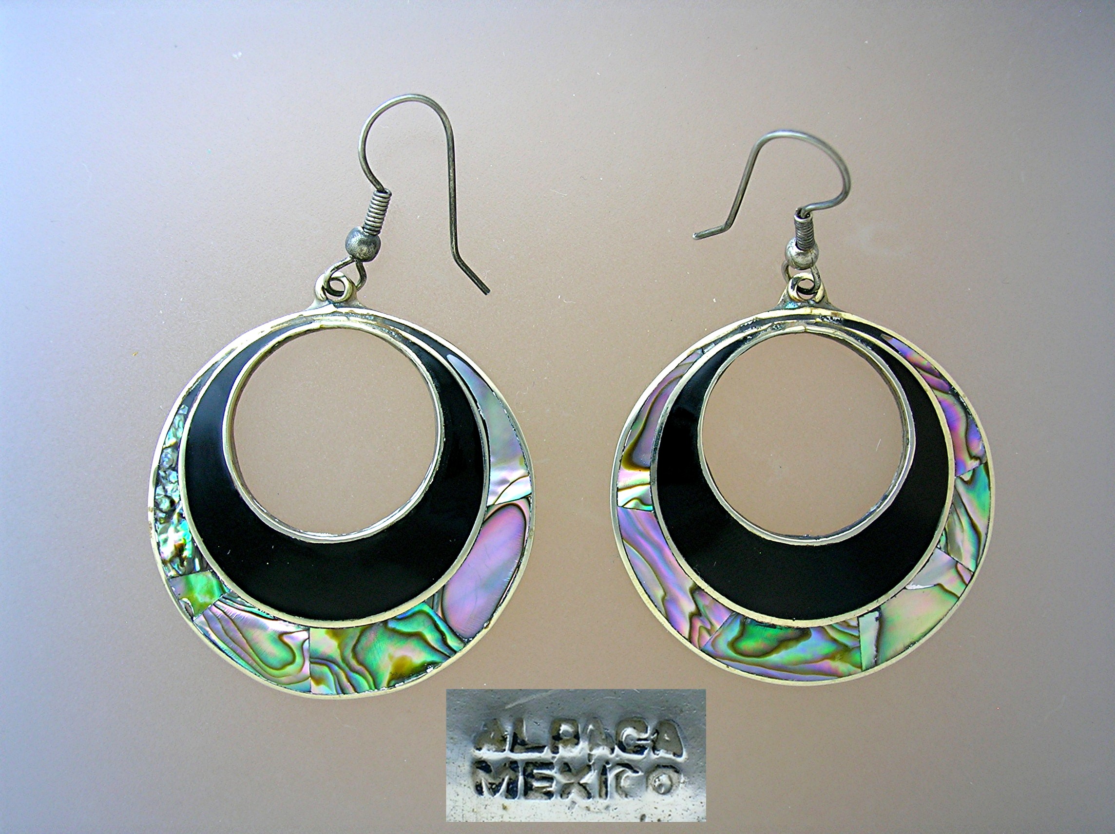 Black Onyx & Abalone Dangly Hoop Pierced Earrings