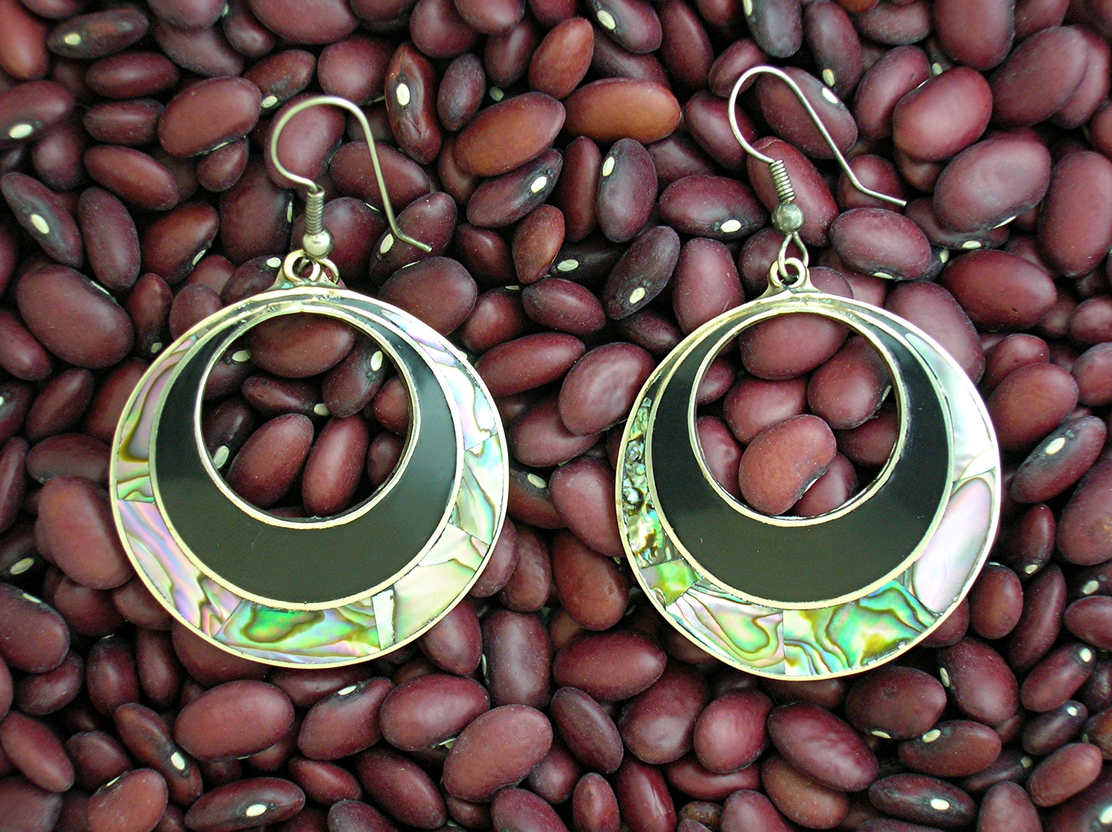 Black Onyx & Abalone Dangly Hoop Pierced Earrings