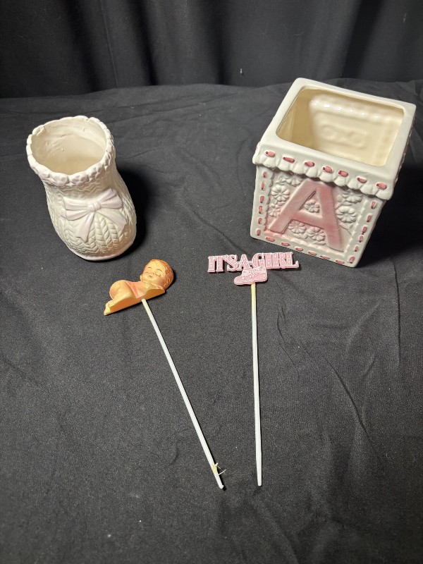 Vintage Ceramic Baby Shower Decor Set: Baby Shoe Planter, Block Planter, and 'It's a Girl' Toppers