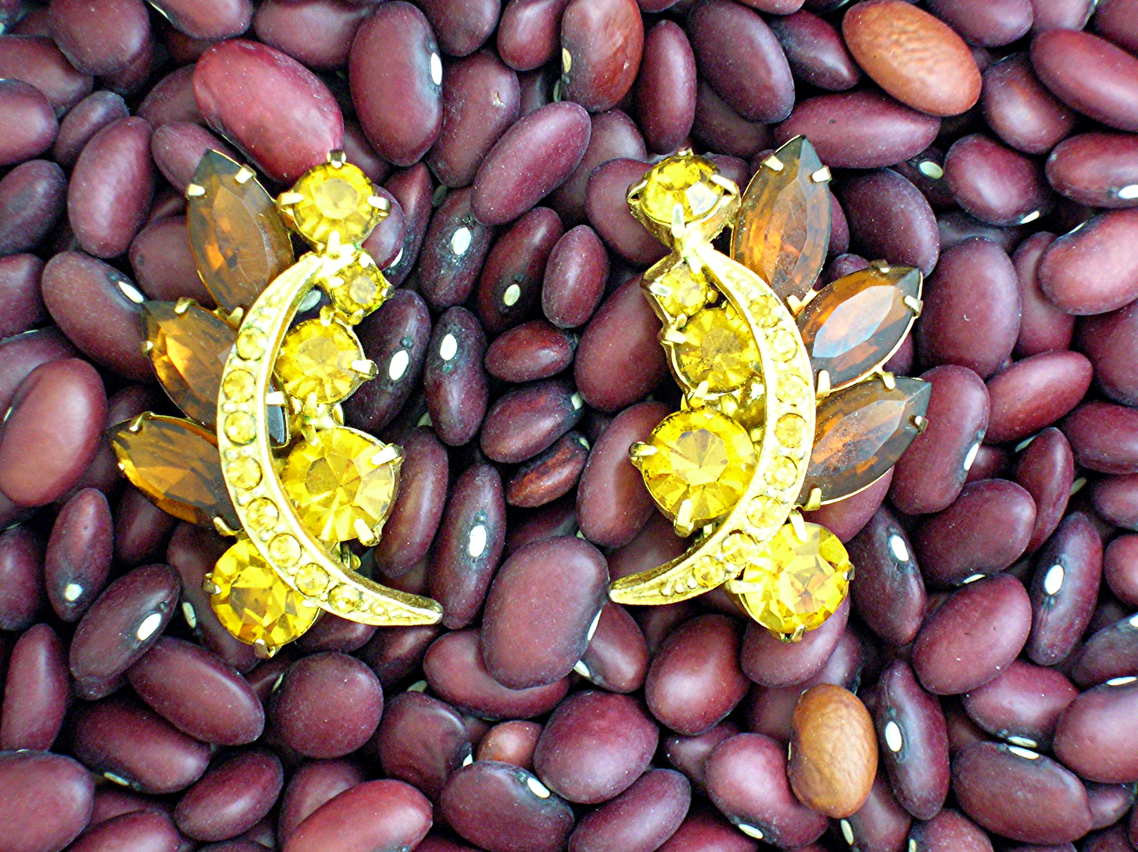 Sparkling Shades of Amber Rhinestone Clip Earrings