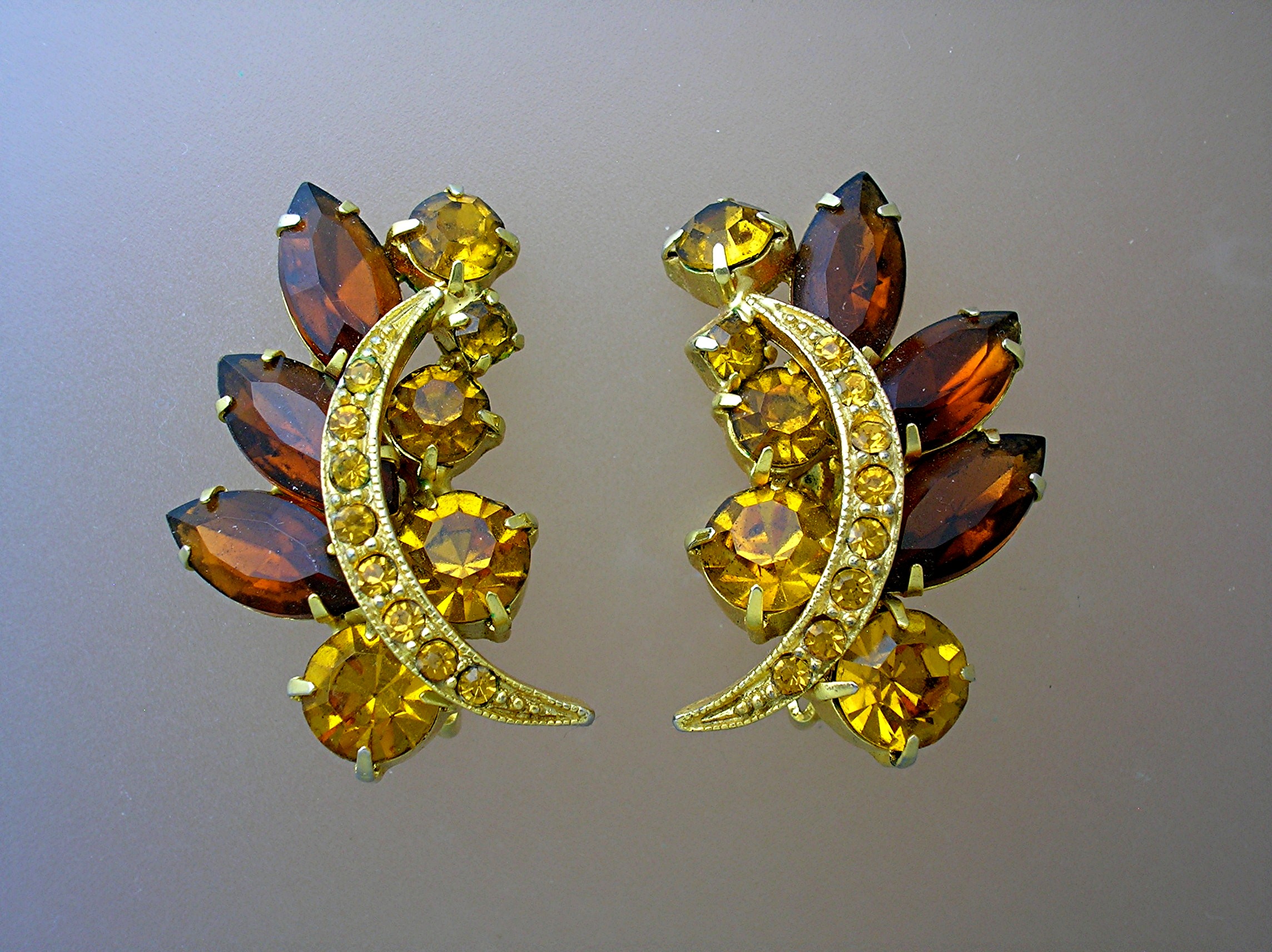 Sparkling Shades of Amber Rhinestone Clip Earrings