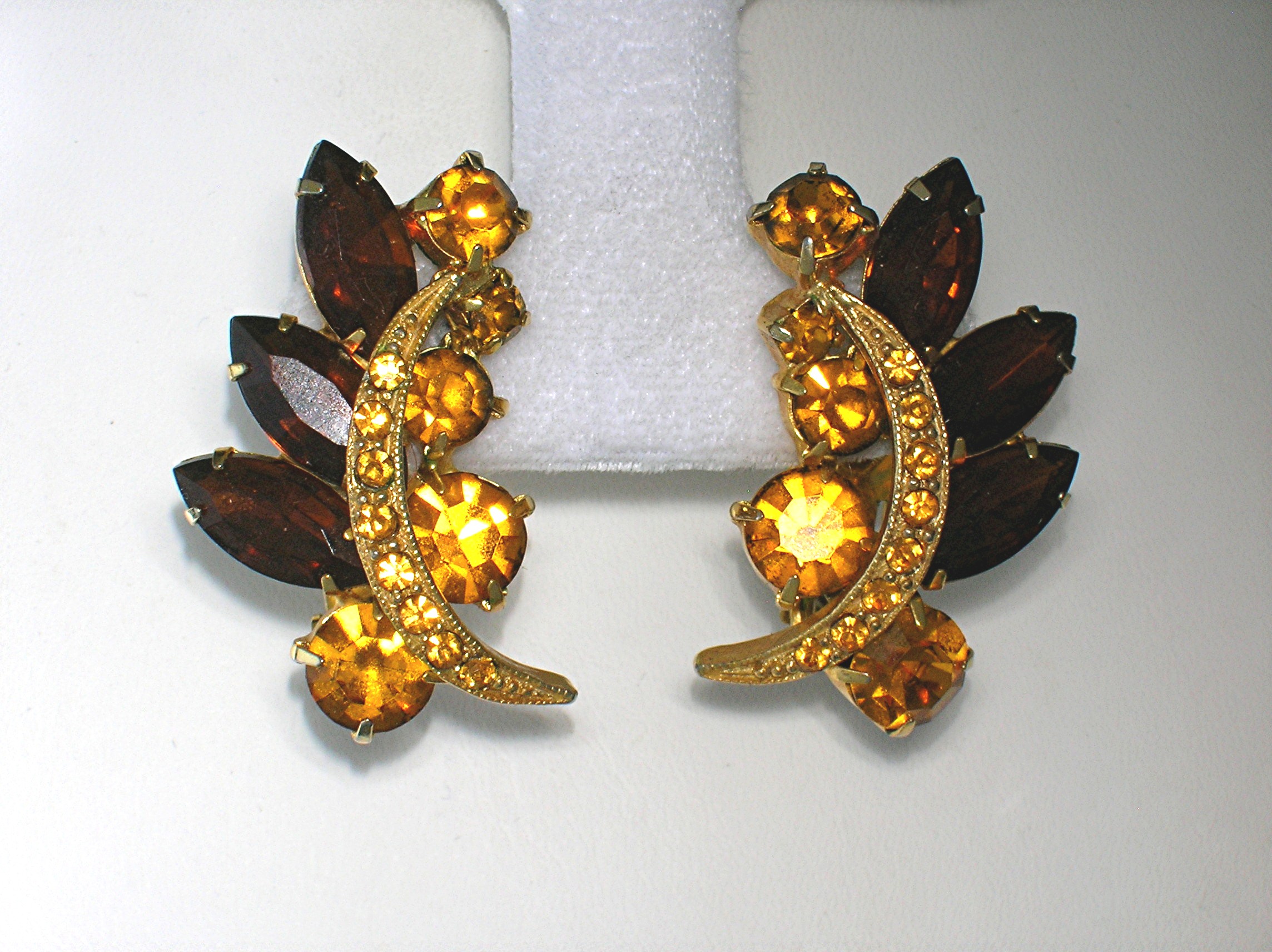 Sparkling Shades of Amber Rhinestone Clip Earrings