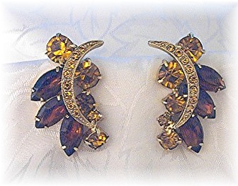 Sparkling Shades of Amber Rhinestone Clip Earrings