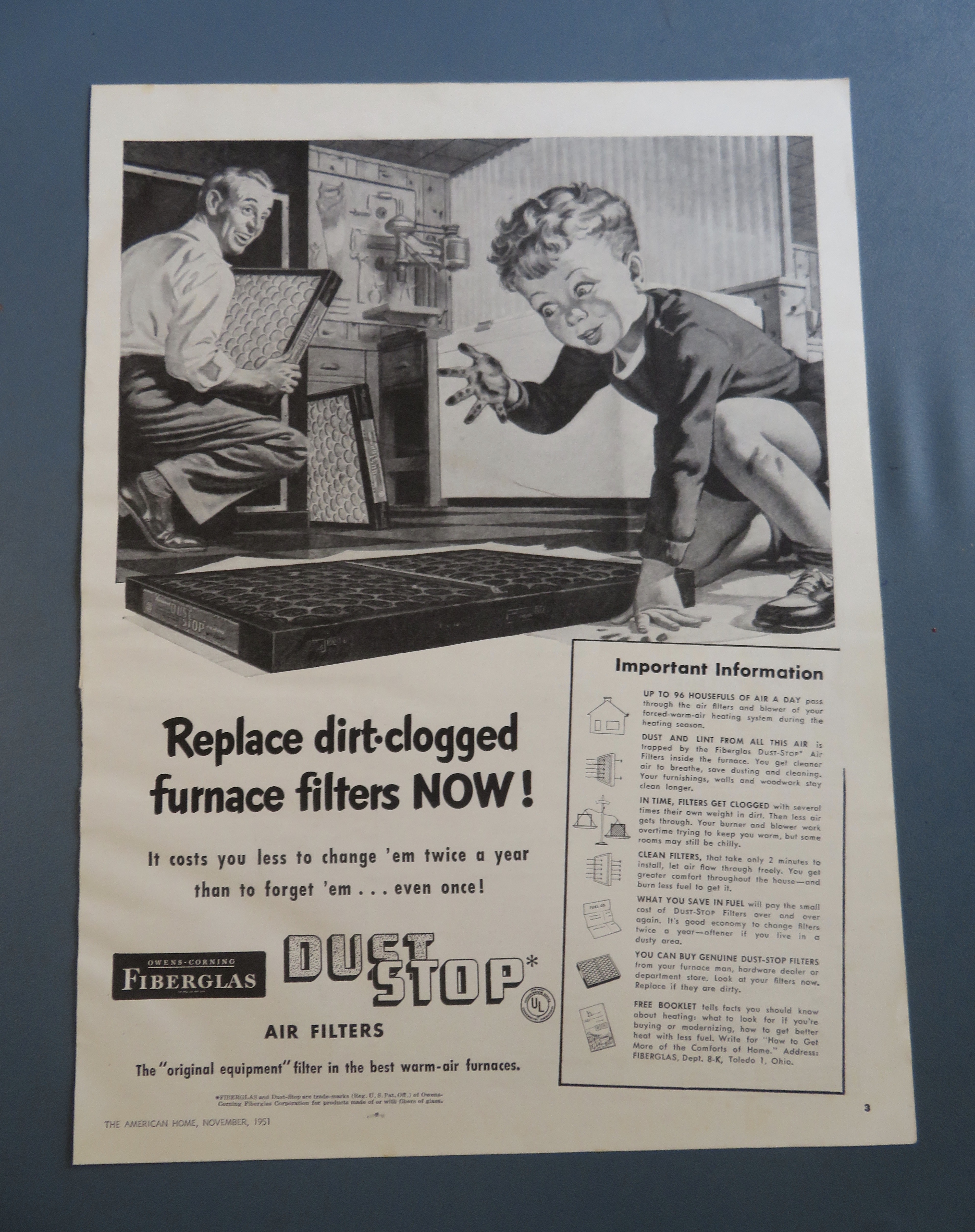 1951 Owens Corning Fiberglas Air Filters w/ Little Boy