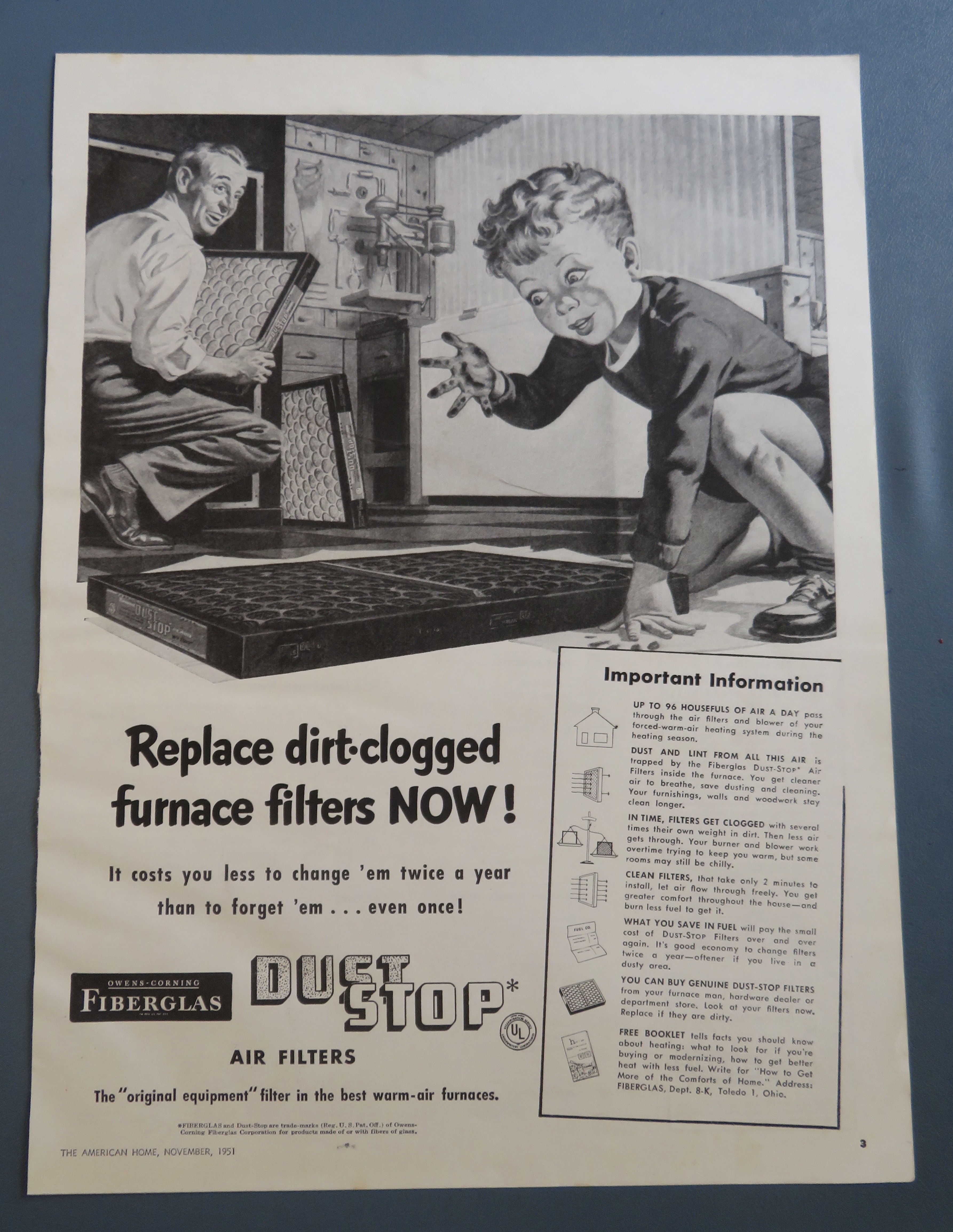 1951 Owens Corning Fiberglas Air Filters w/ Little Boy