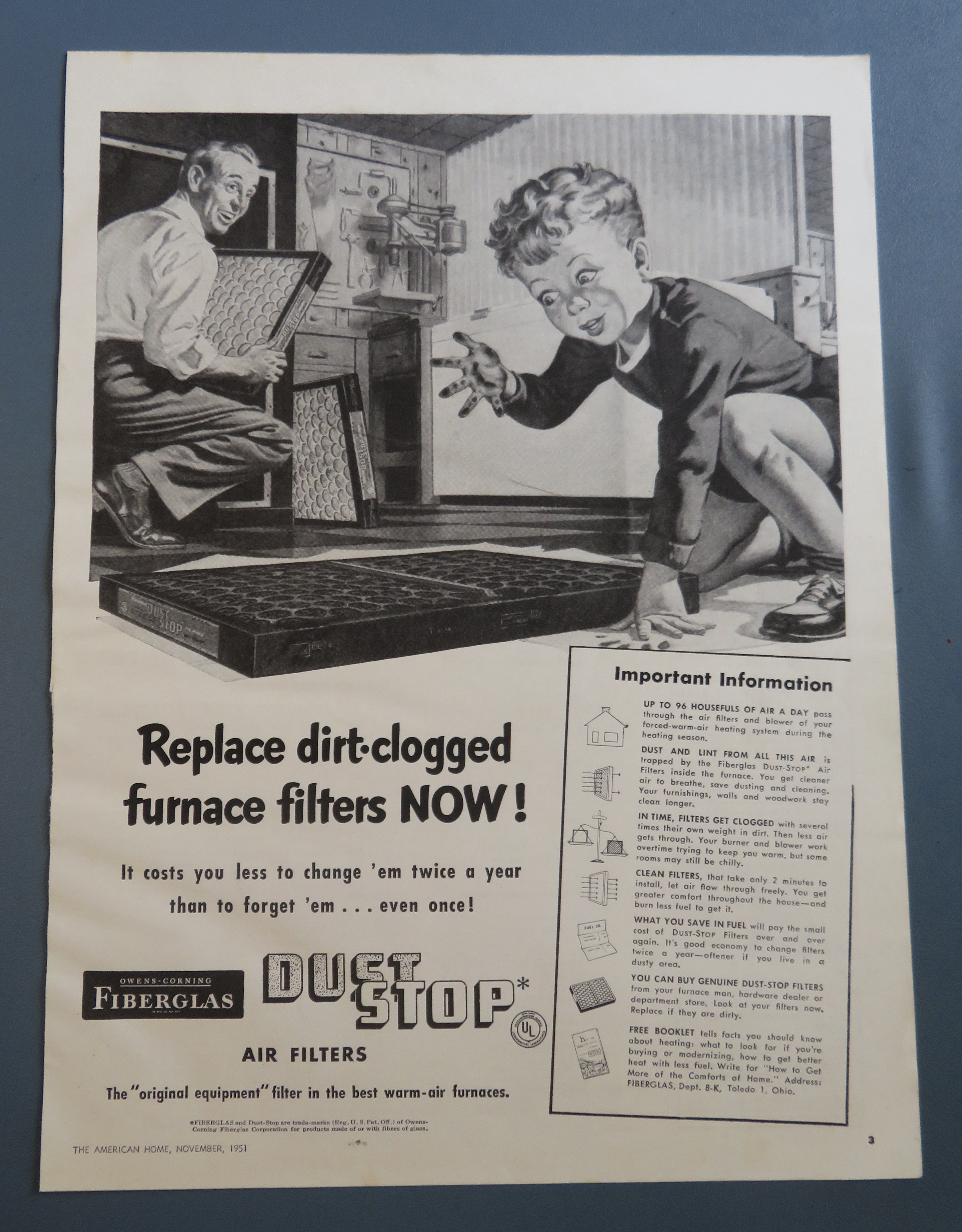 1951 Owens Corning Fiberglas Air Filters w/ Little Boy