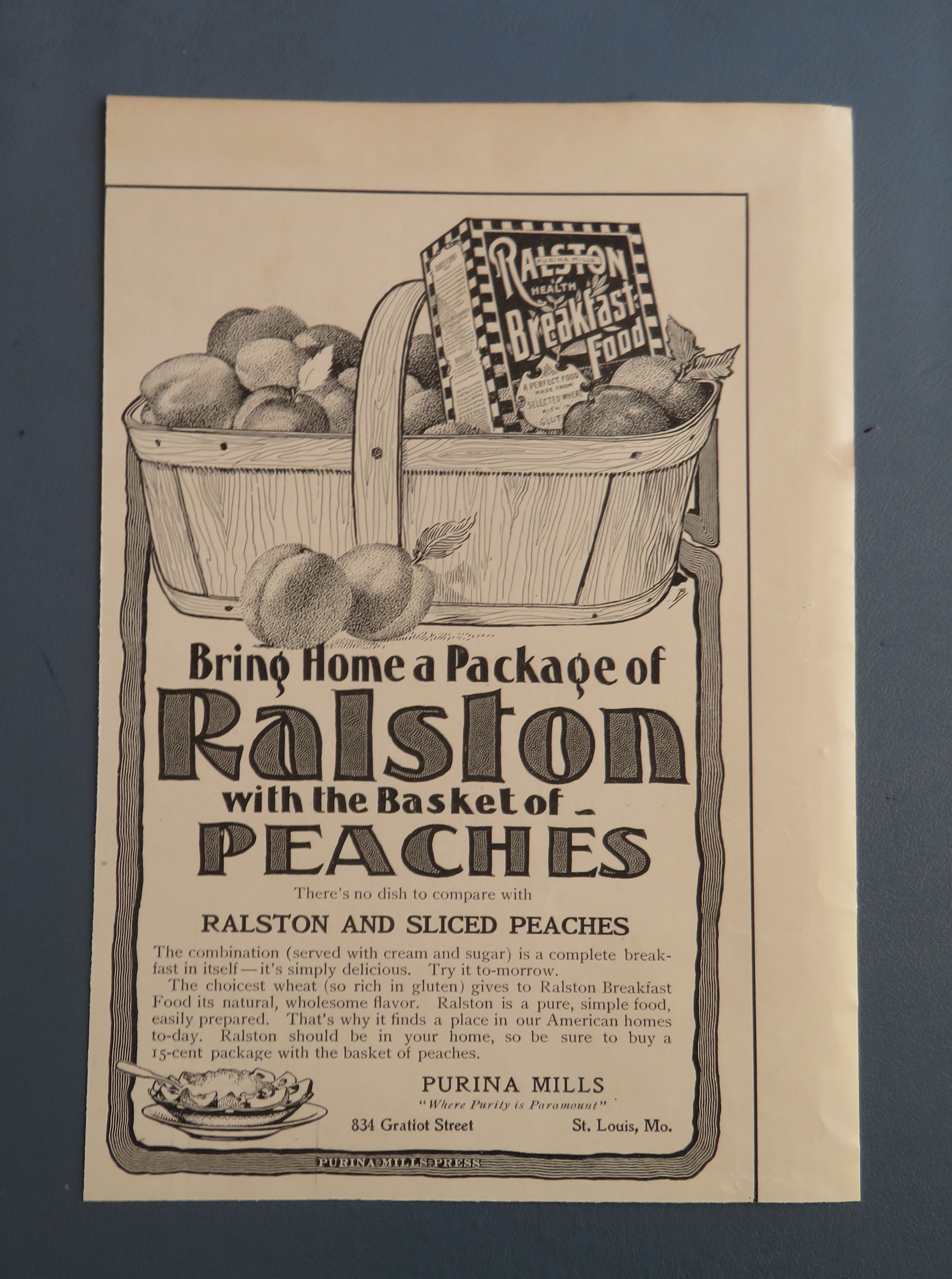 1902 Ralston Breakfast Food with Basket Of Peaches