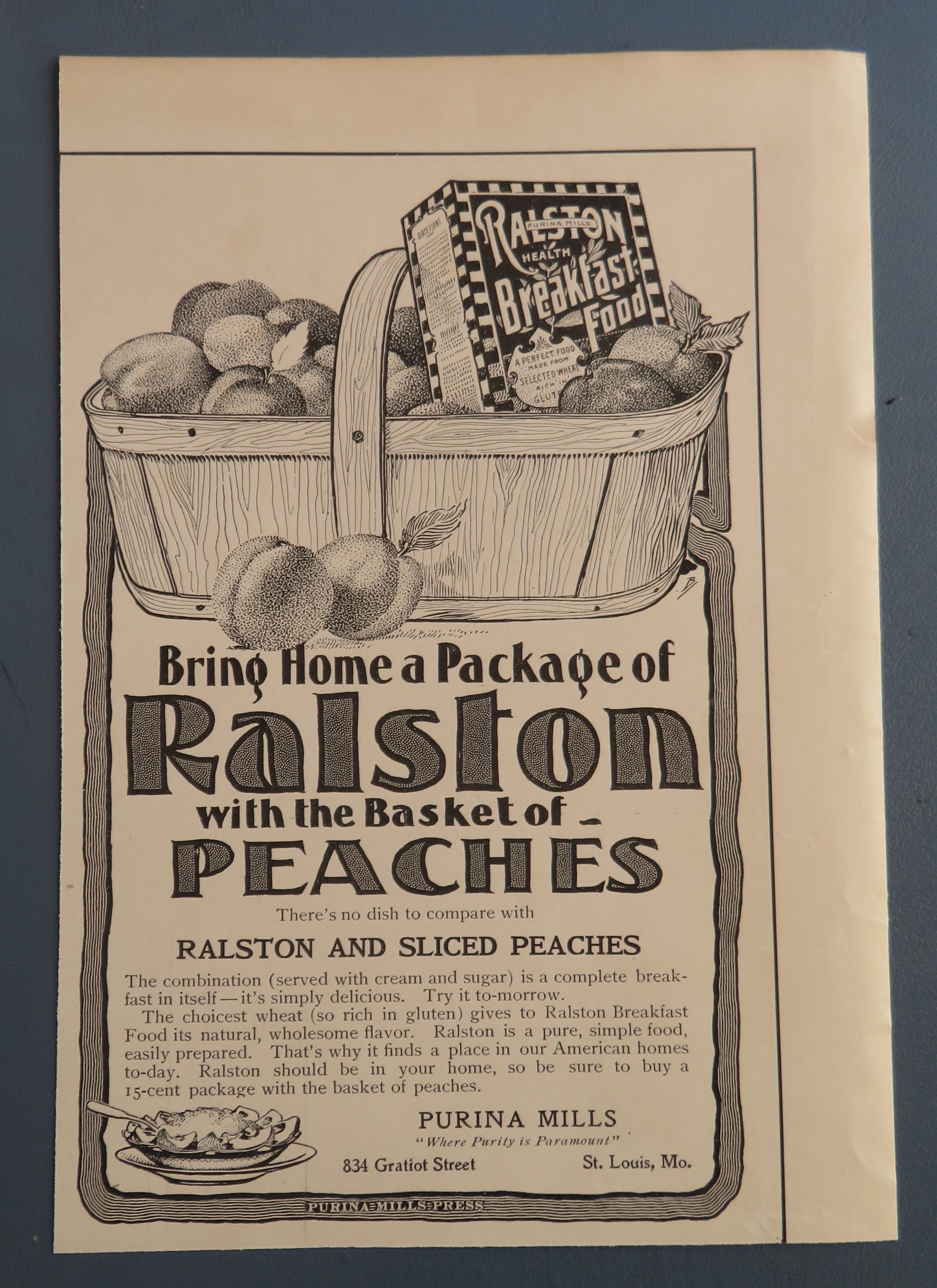 1902 Ralston Breakfast Food with Basket Of Peaches