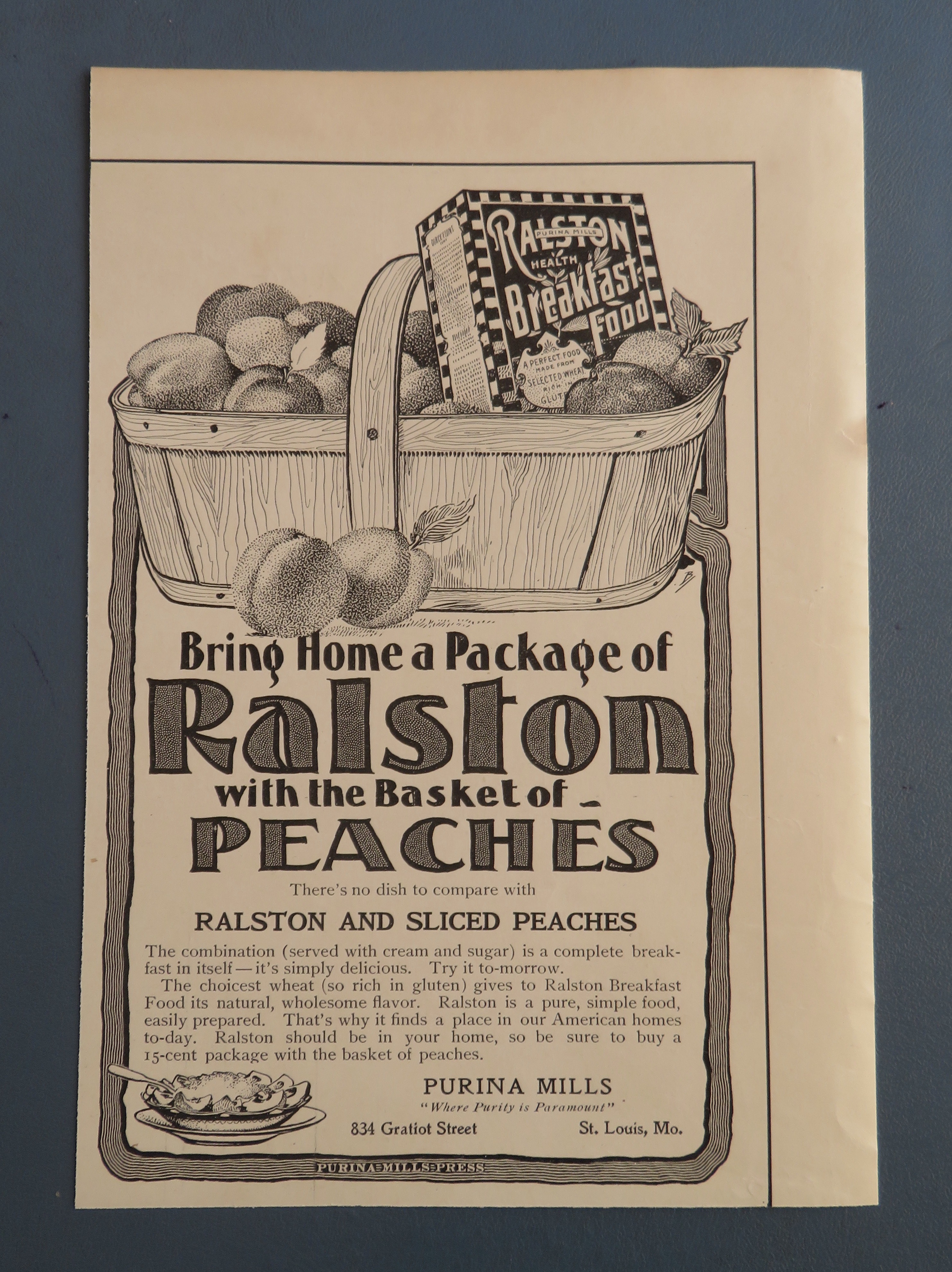1902 Ralston Breakfast Food with Basket Of Peaches