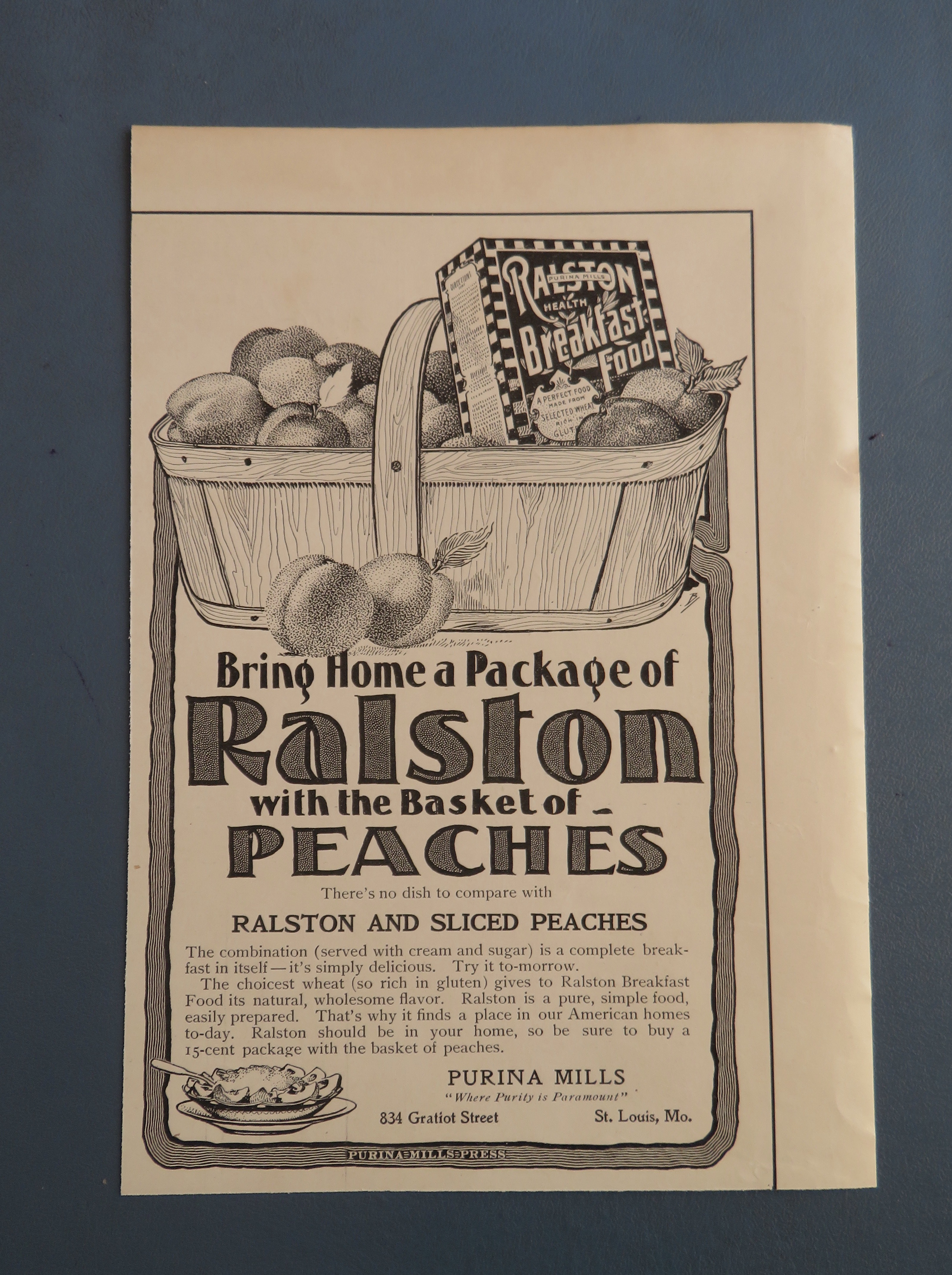 1902 Ralston Breakfast Food with Basket Of Peaches