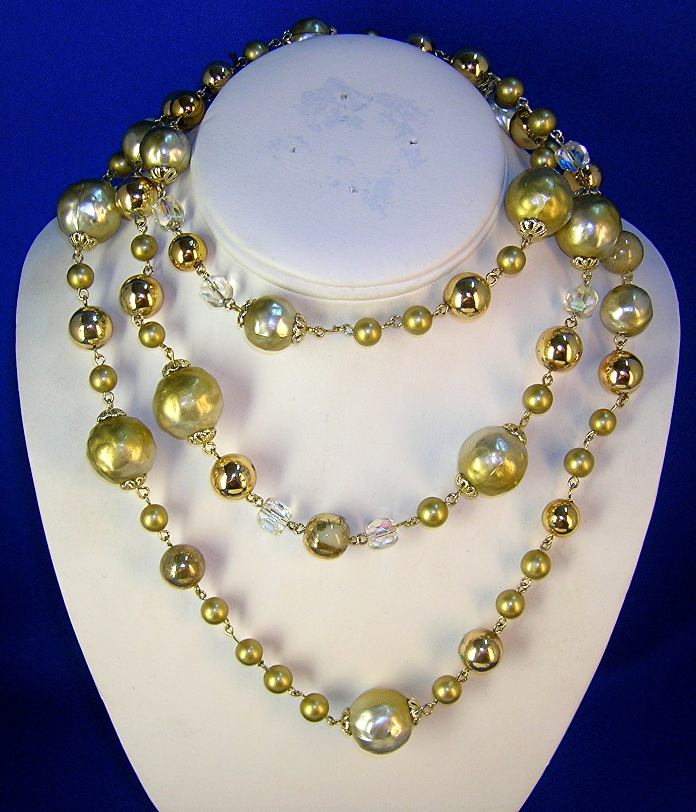 Glass Gold Pearl Crystal Chain Link Necklace