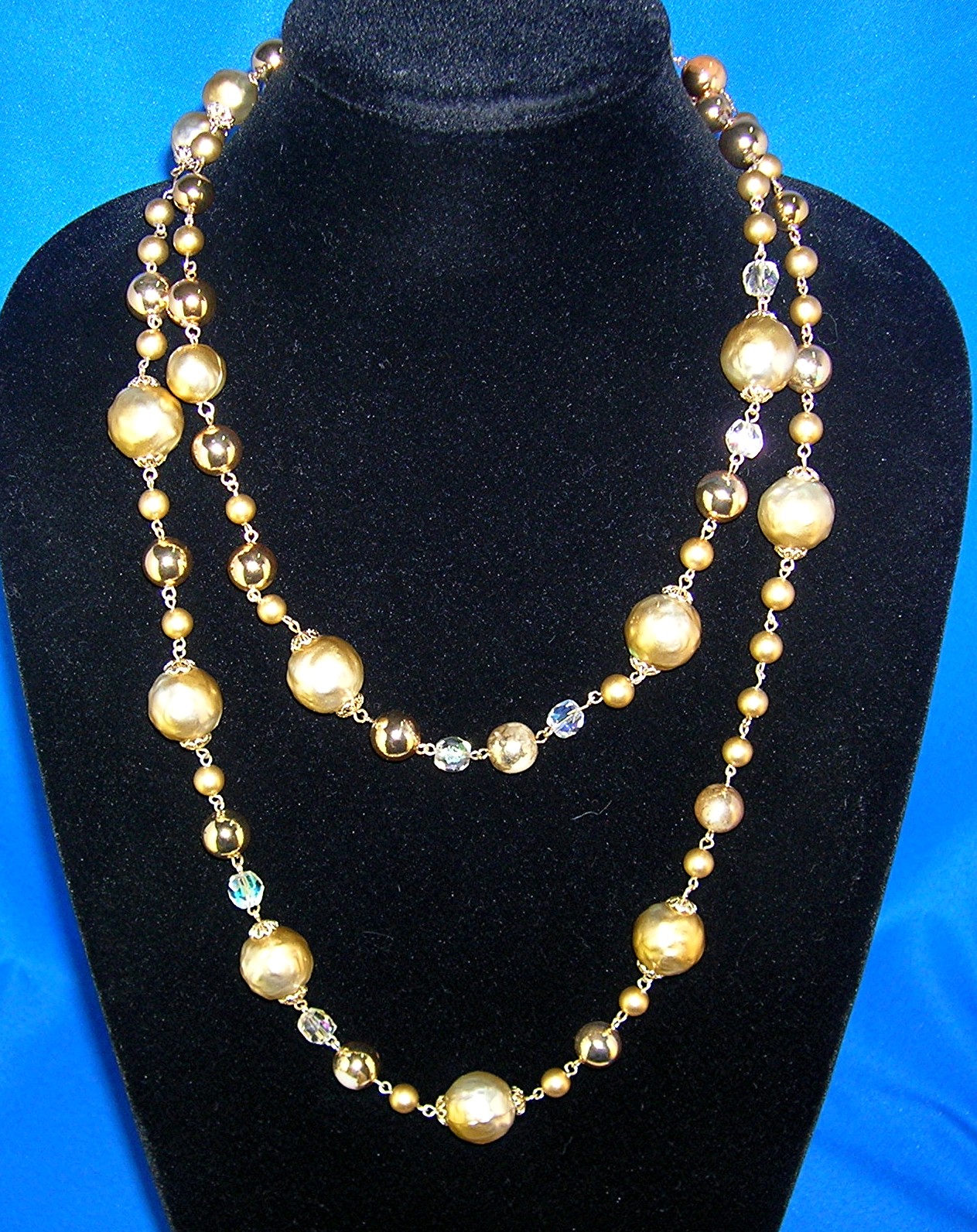 Glass Gold Pearl Crystal Chain Link Necklace