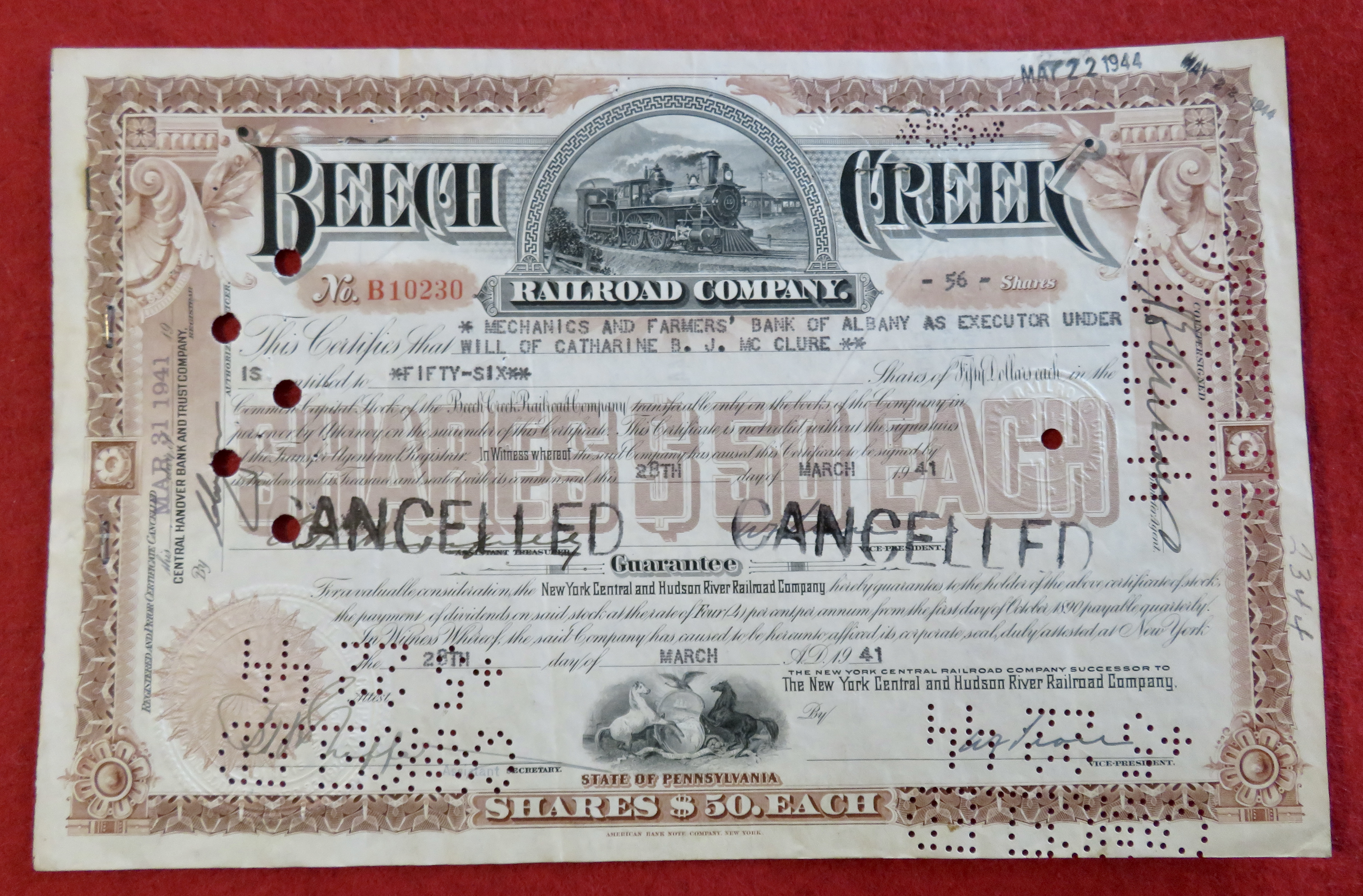 1941 Beech Creek Railroad Company Stock Certificate