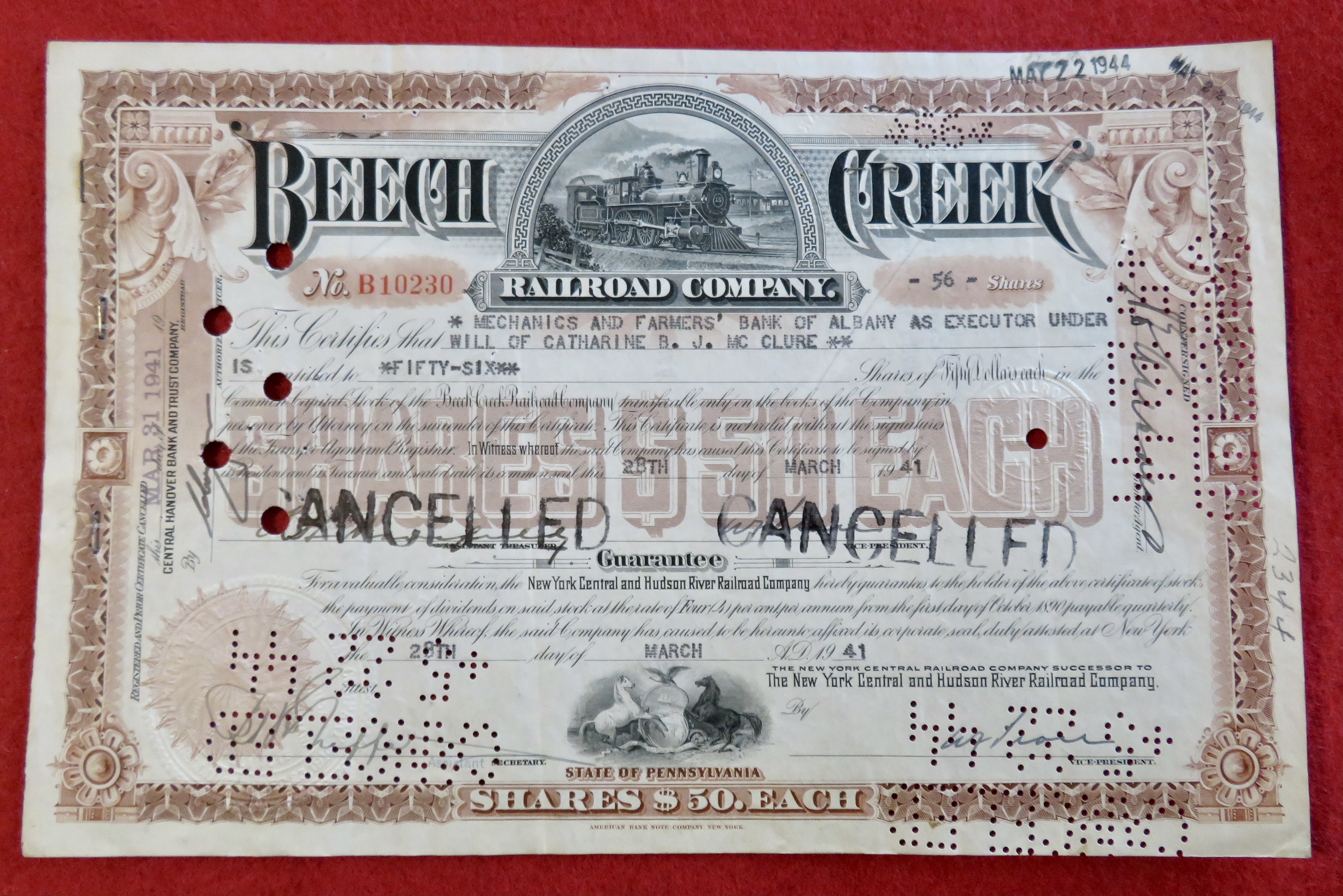 1941 Beech Creek Railroad Company Stock Certificate