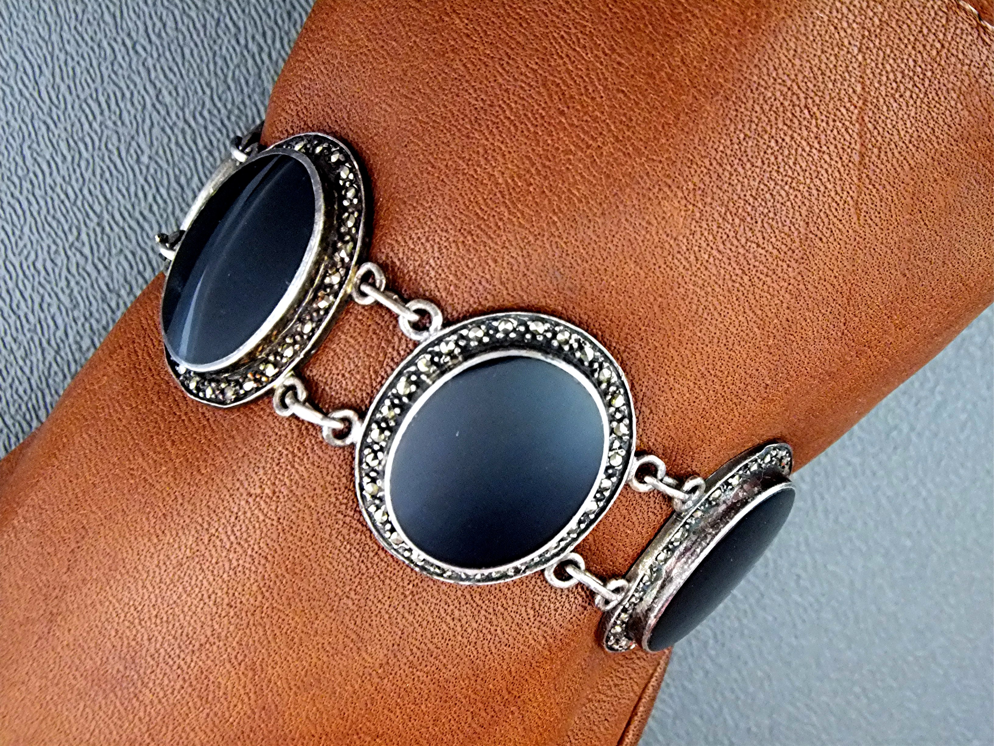 Bracelet Sterling Silver Onyx Marquisite Antique