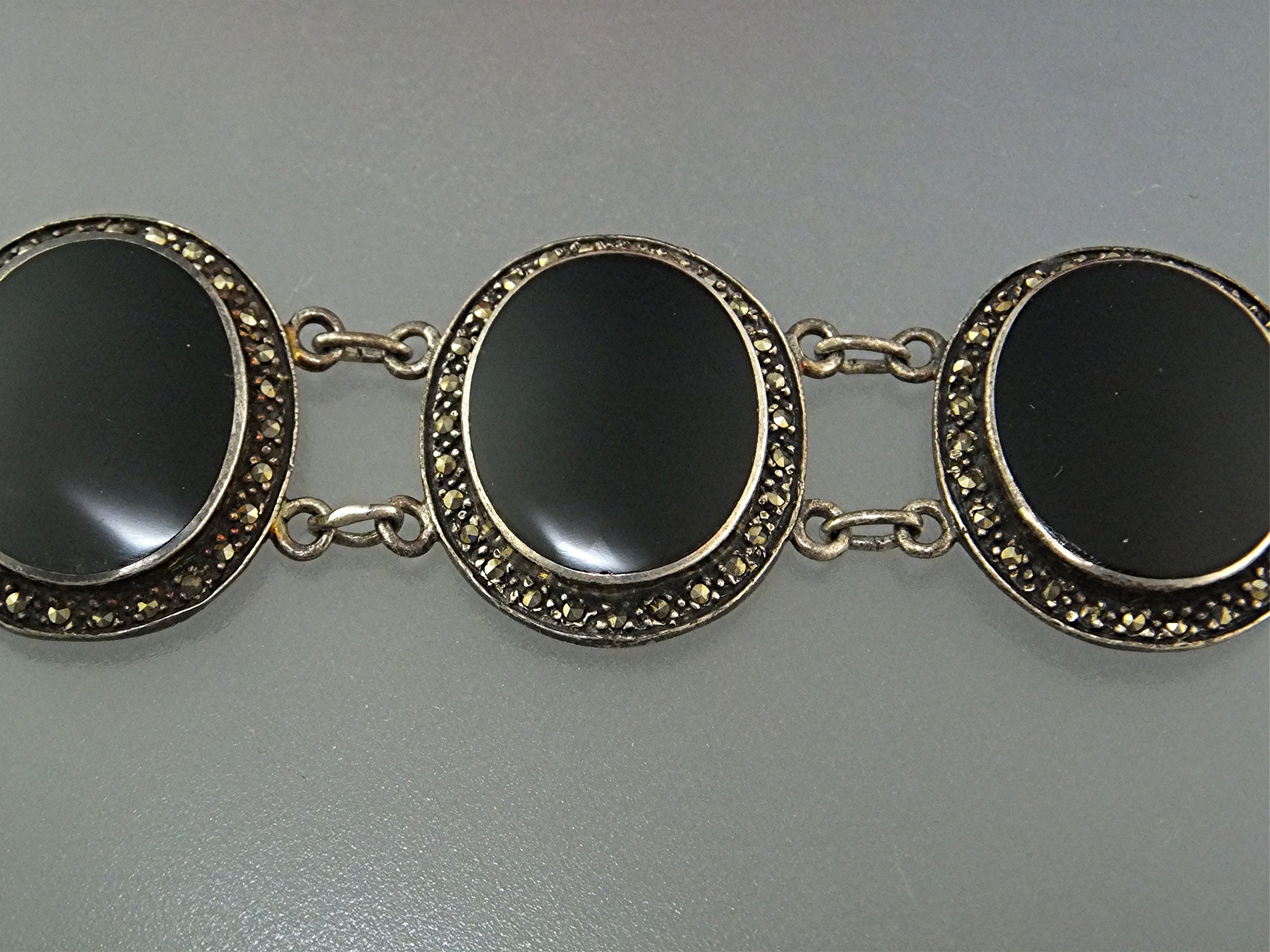 Bracelet Sterling Silver Onyx Marquisite Antique