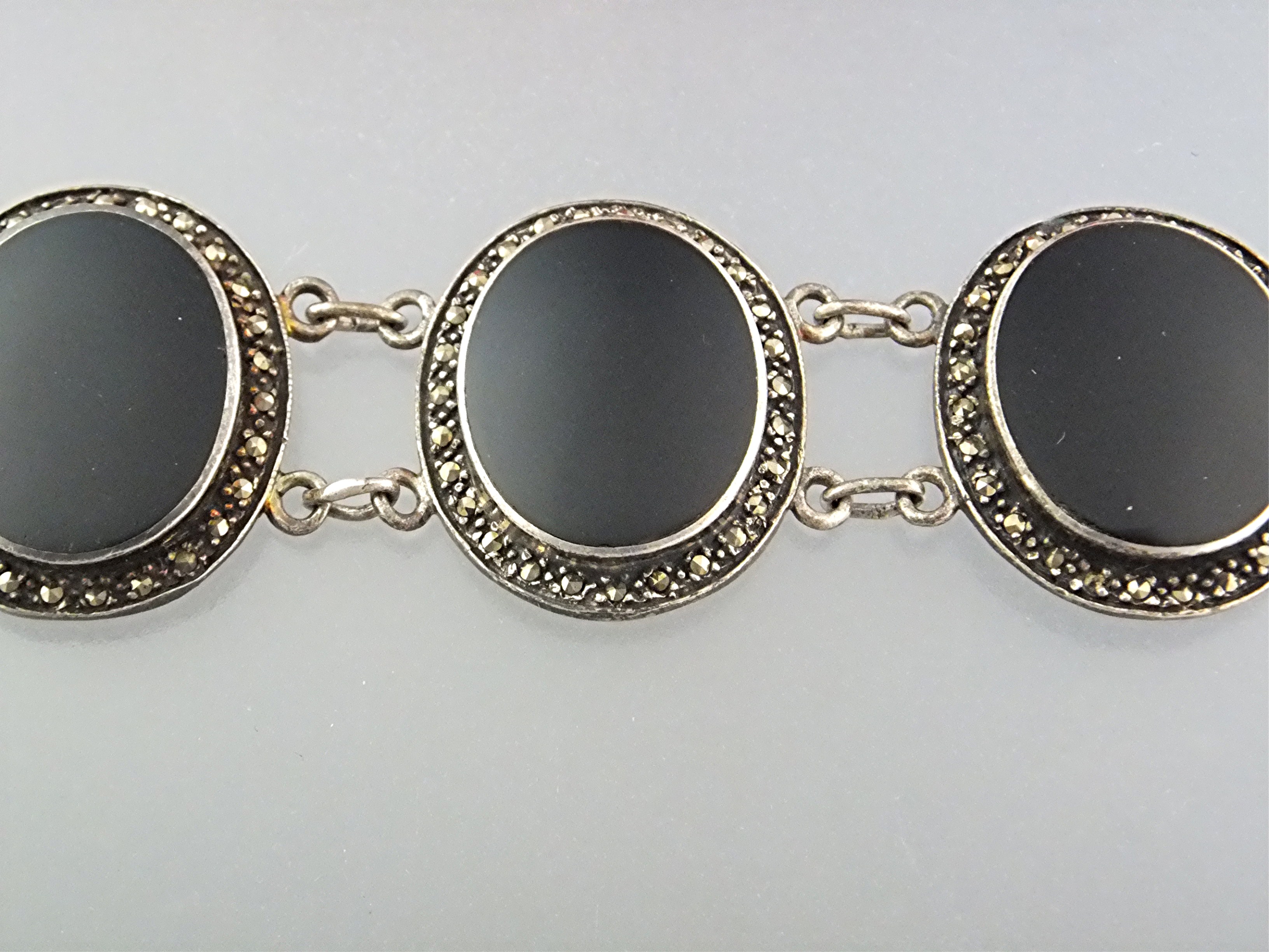 Bracelet Sterling Silver Onyx Marquisite Antique